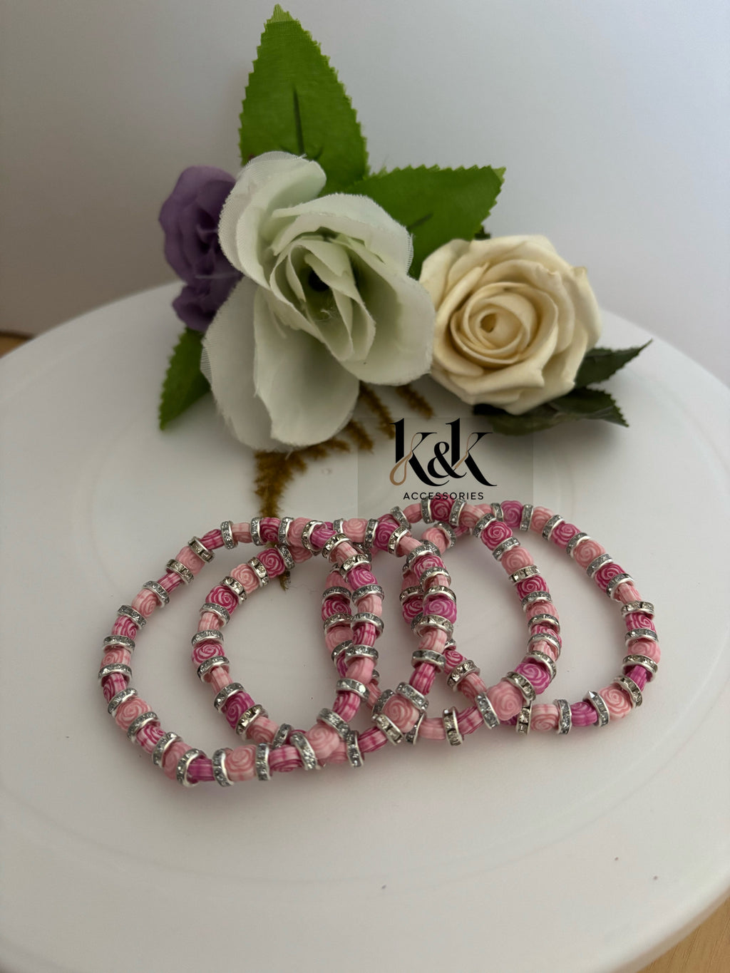 Rose Bead & Silver Rhinestone Bracelet