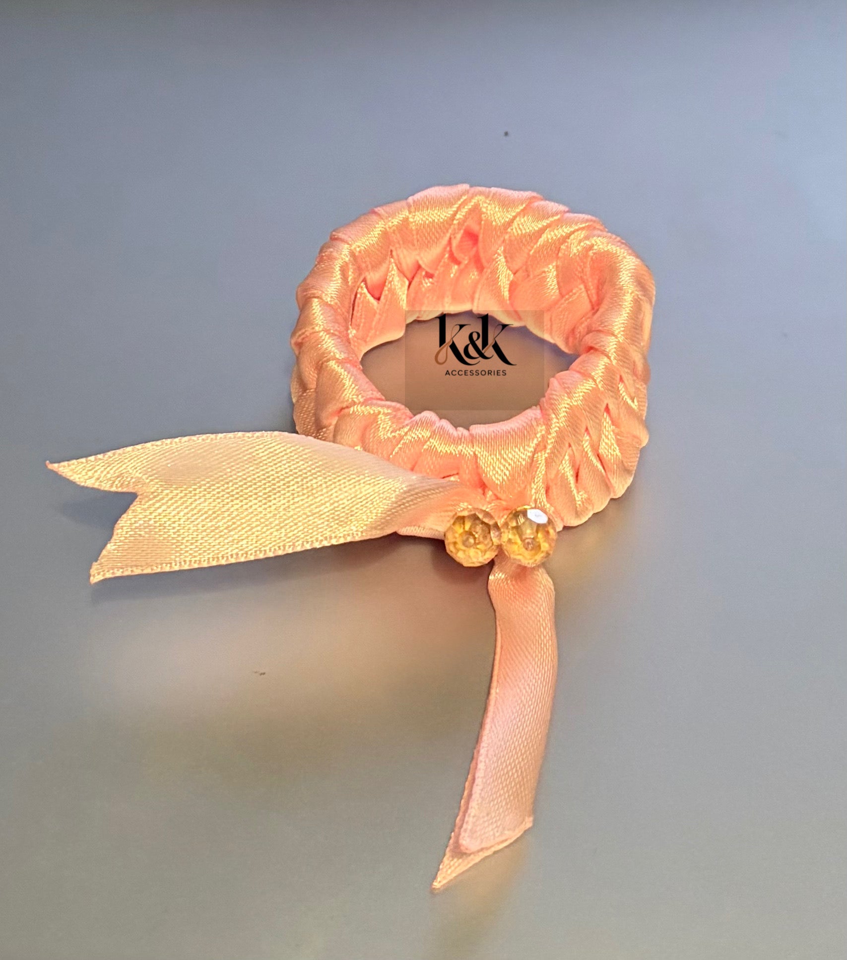 Handmade satin ribbon hairband with beaded detail - Light Pink