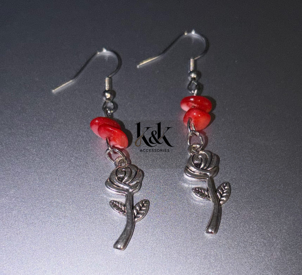 Silver Rose Earrings - Romantic Dangle Earrings with Optional Coral Beads