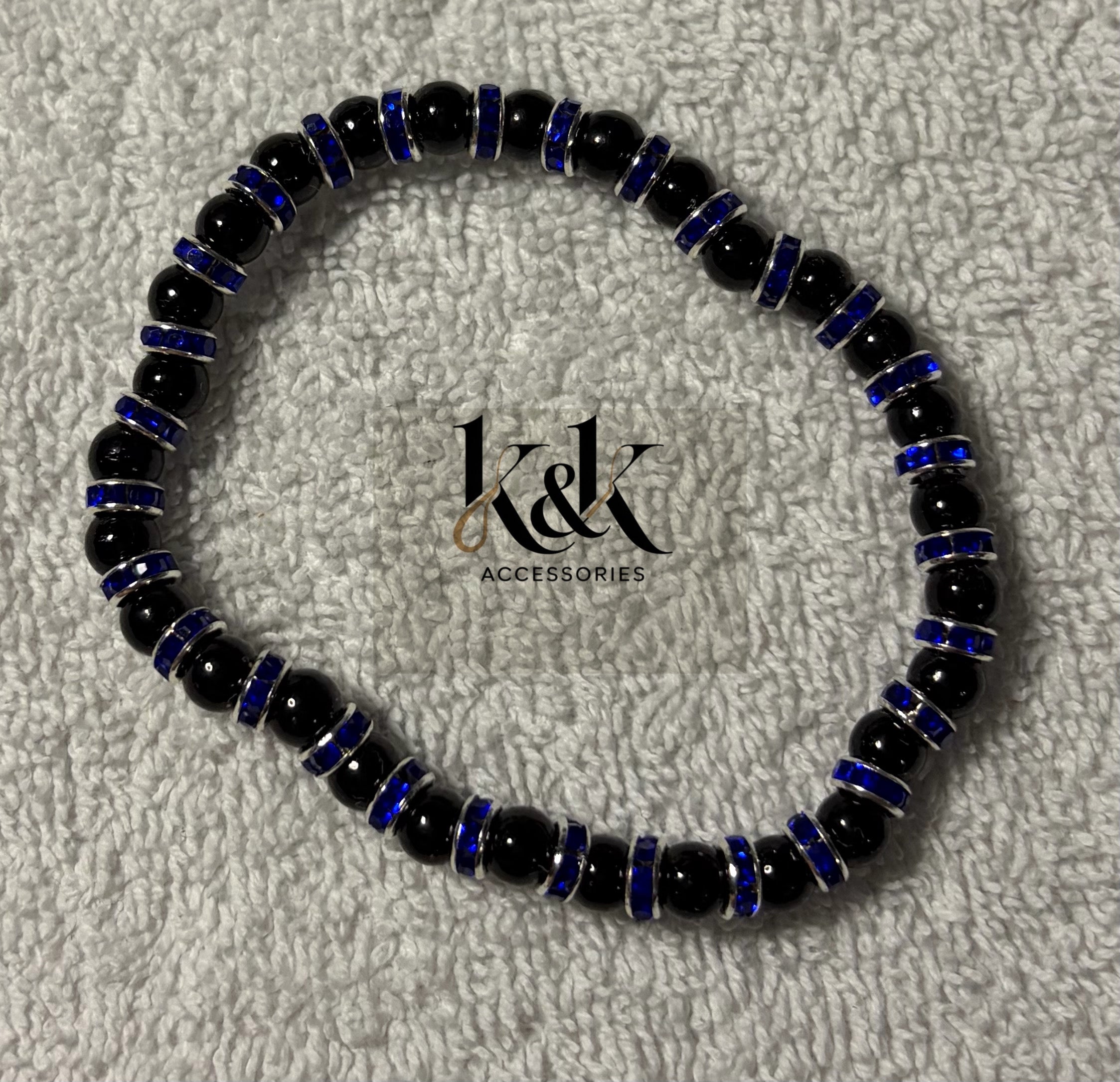 Black Bead Bracelet with Rhinestone Spacers - Elastic Beaded Jewellery