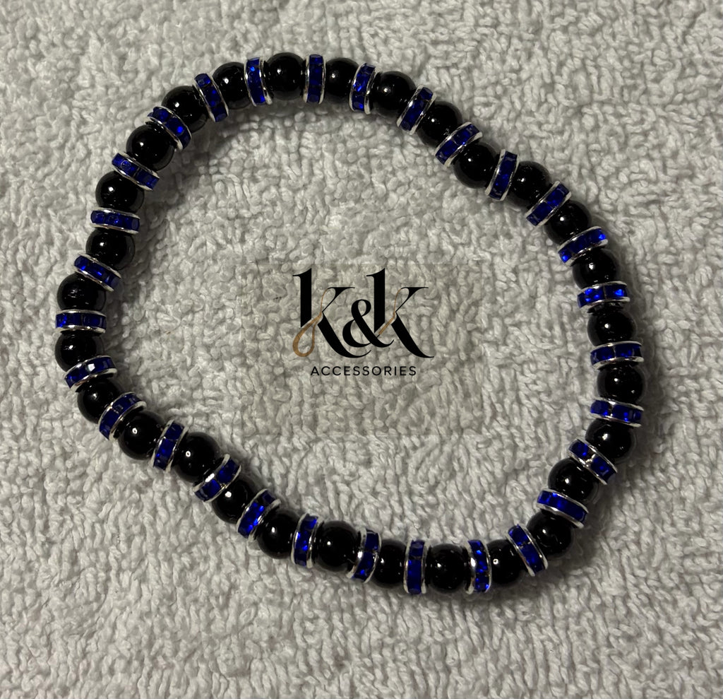 Black Bead Bracelet with Rhinestone Spacers - Elastic Beaded Jewellery