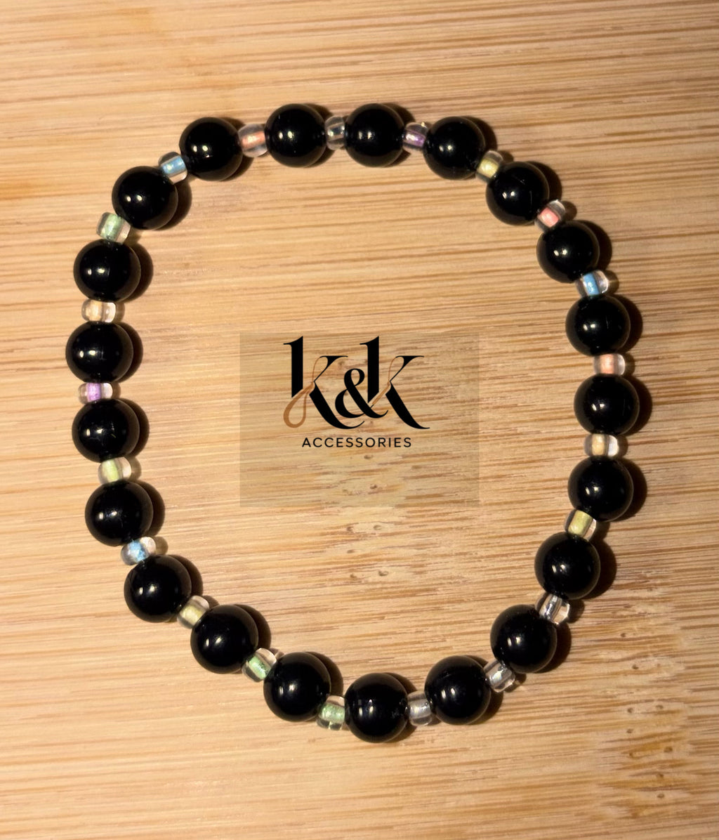 Black Bead Bracelet with Iridescent Spacers