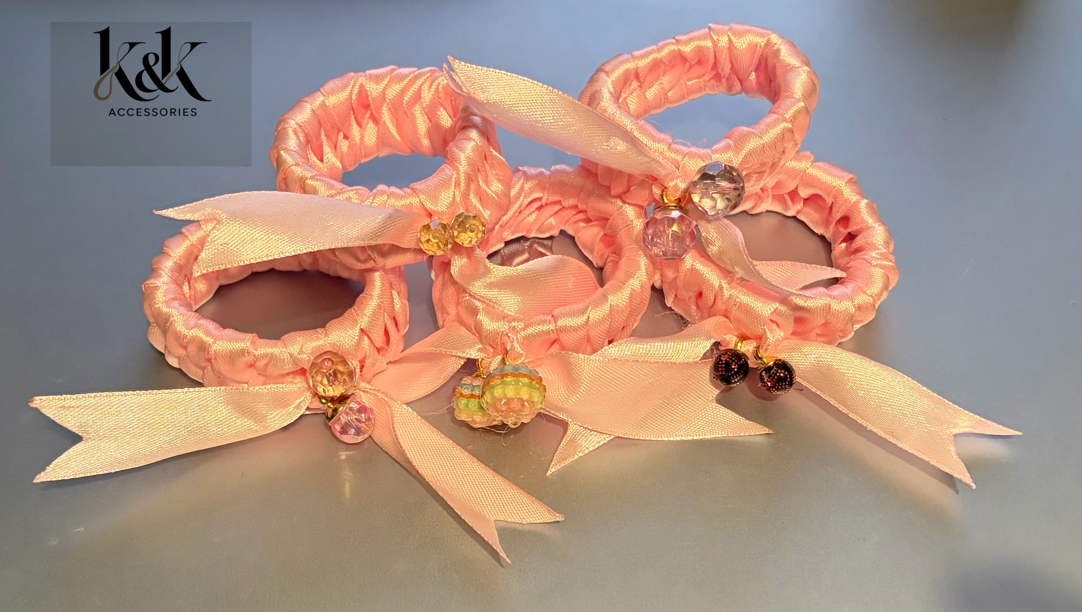 Handmade satin ribbon hairband with beaded detail - Light Pink