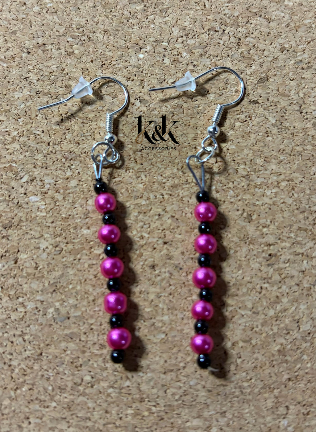 Hot Pink and Black Beaded Drop Earrings