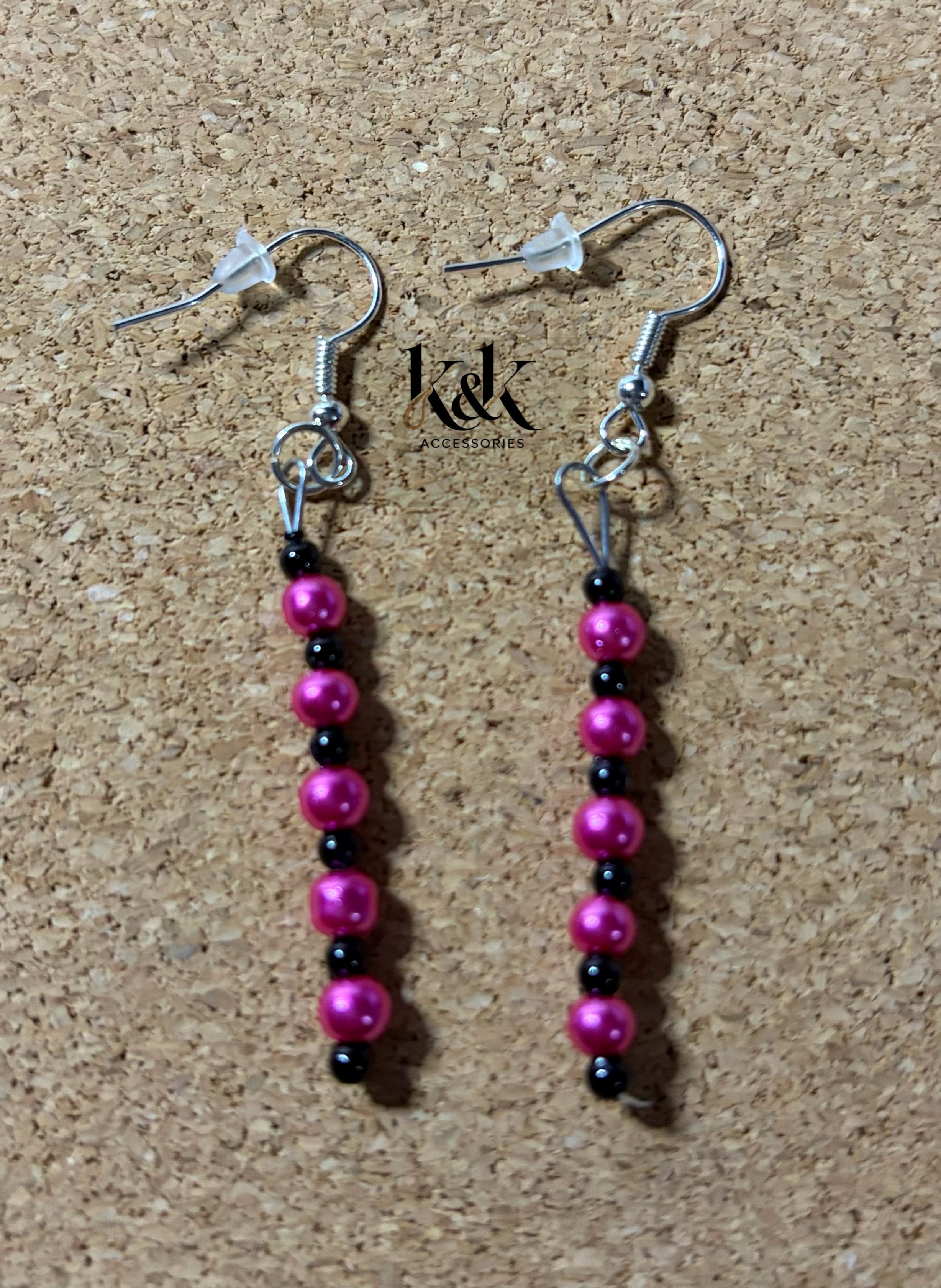 Hot Pink and Black Beaded Drop Earrings