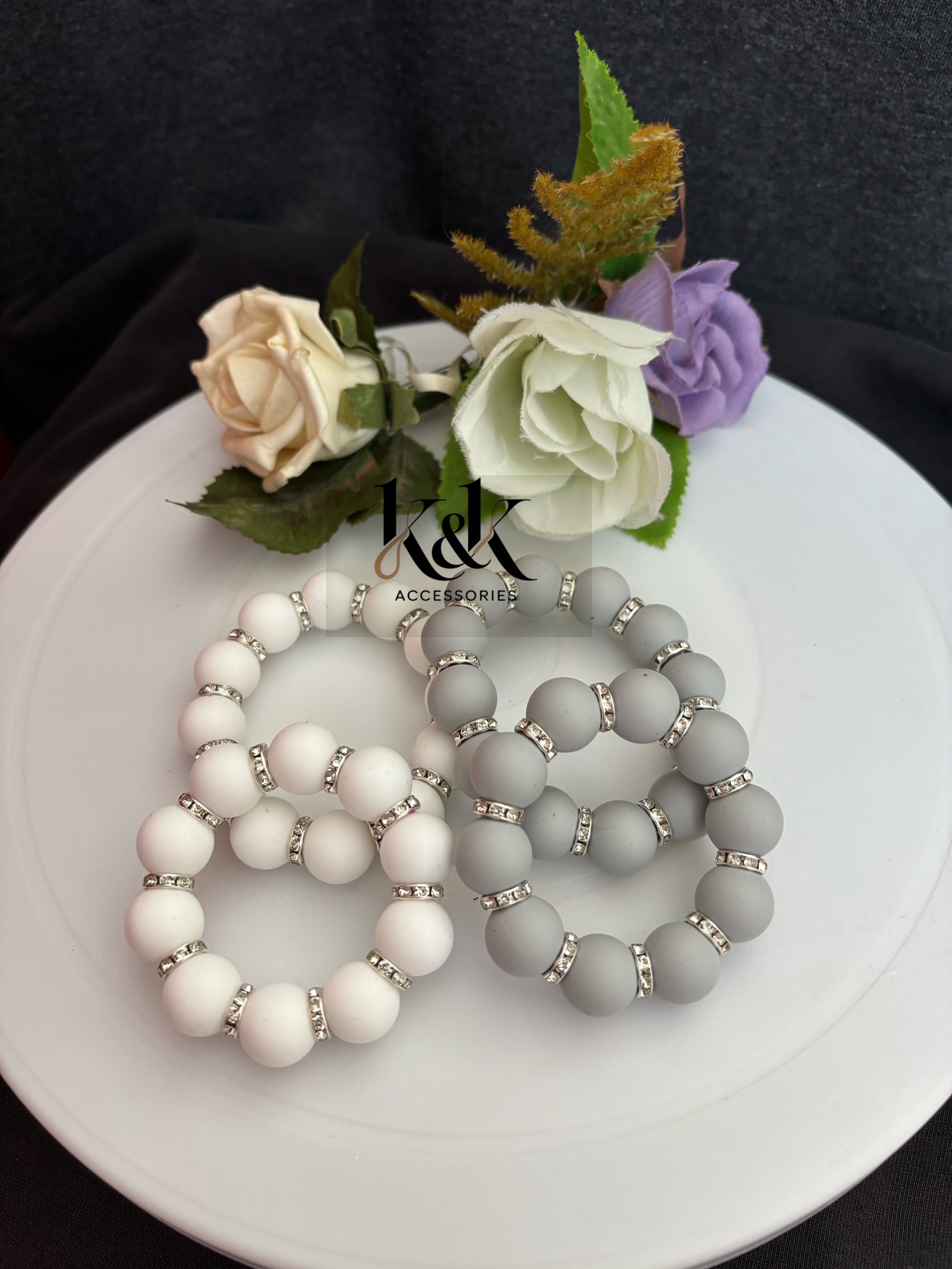White & Grey Matte Bead Bracelet with Rhinestone Spacers