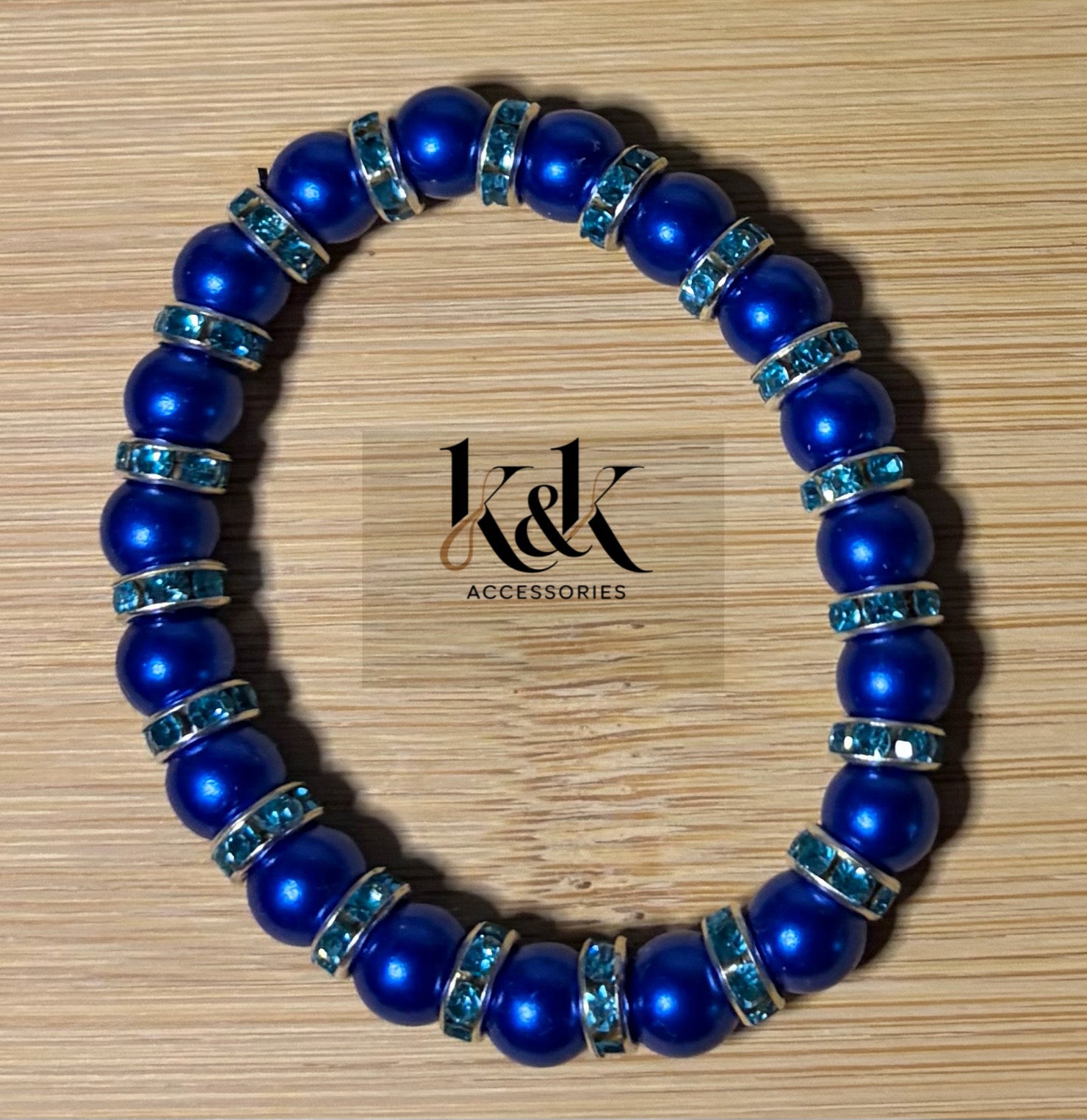 Royal Blue Beaded Bracelet with Turquoise Rhinestone Spacers