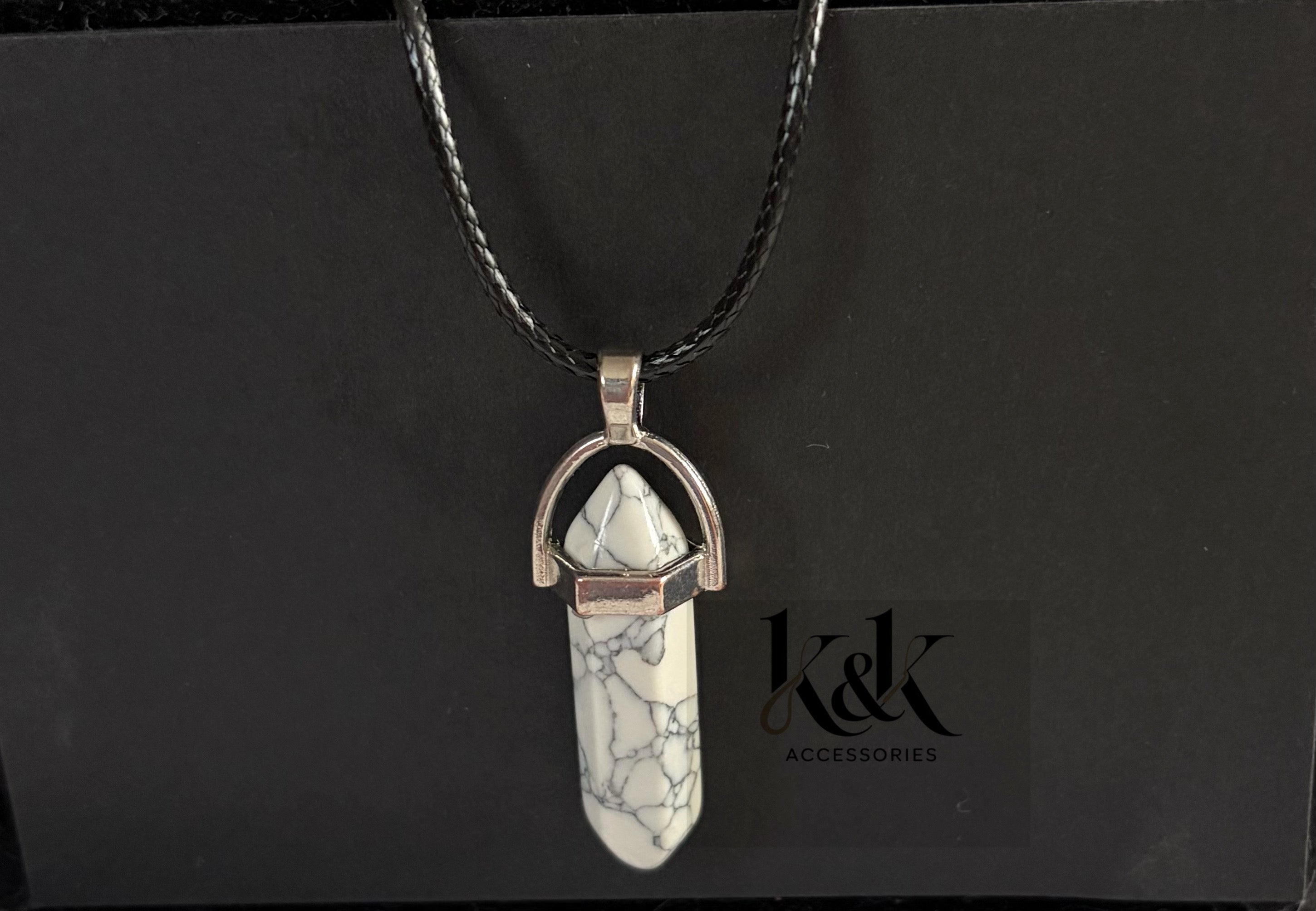 Howlite Crystal Pendant Necklace on Black Cord