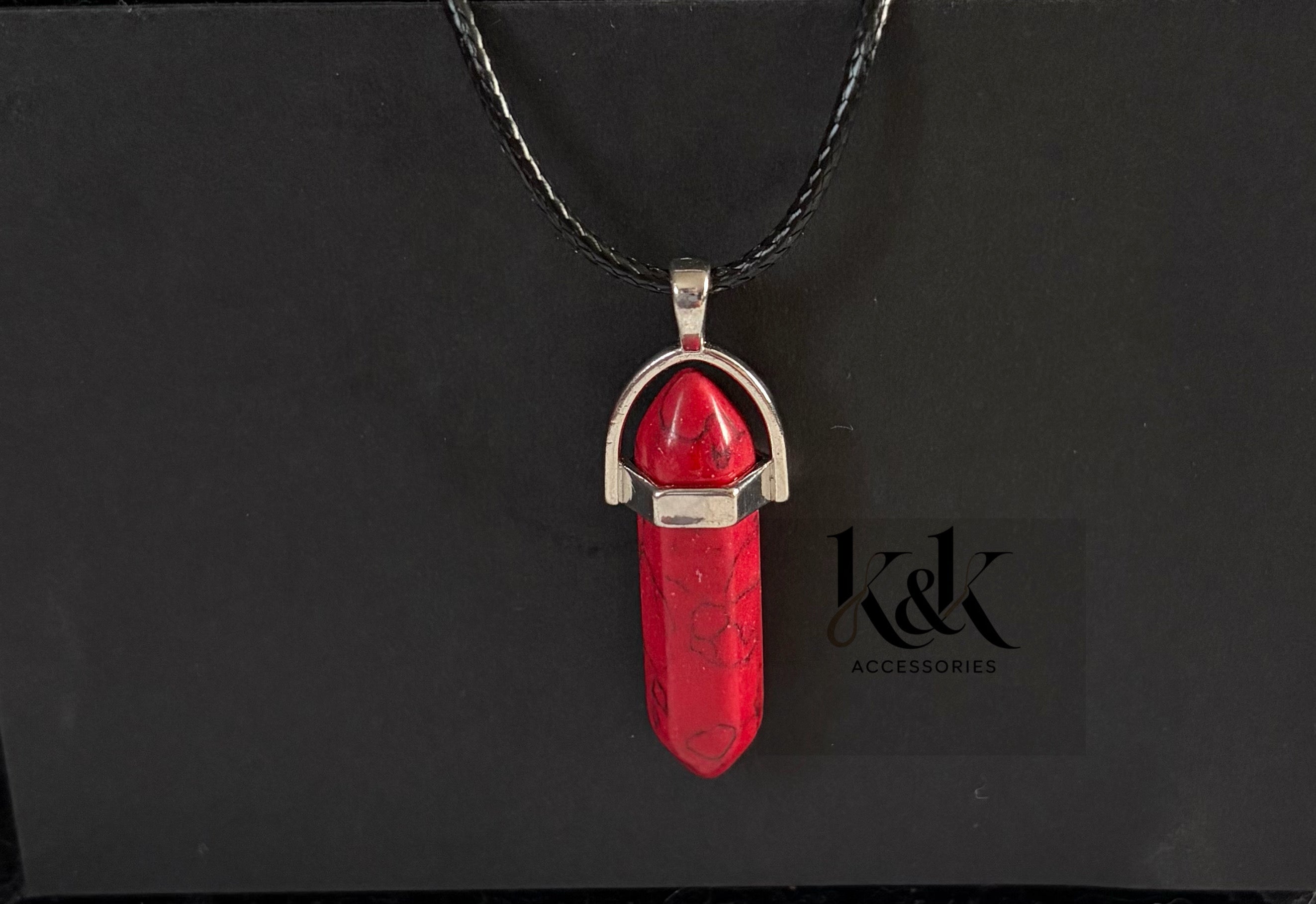 Red Carnelian Crystal Pendant Necklace on Black Cord