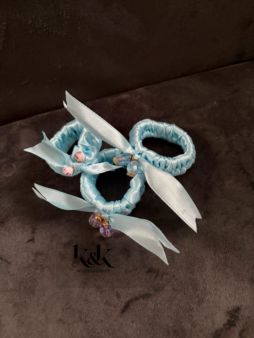 Handmade satin ribbon hairband with beaded detail - Baby Blue