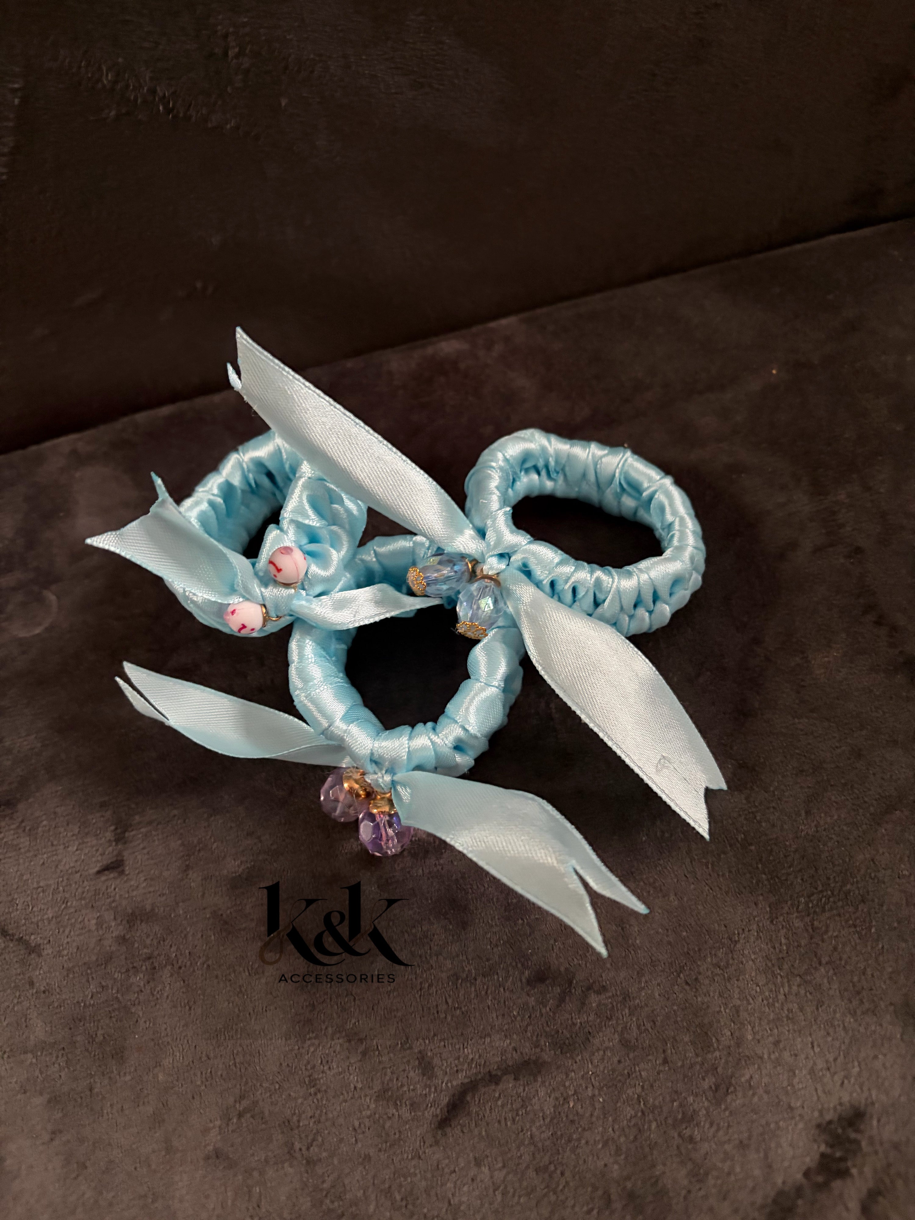 Handmade satin ribbon hairband with beaded detail - Baby Blue