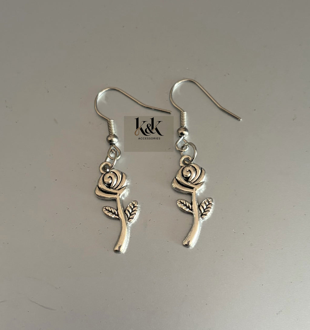 Silver Rose Earrings - Romantic Dangle Earrings with Optional Coral Beads