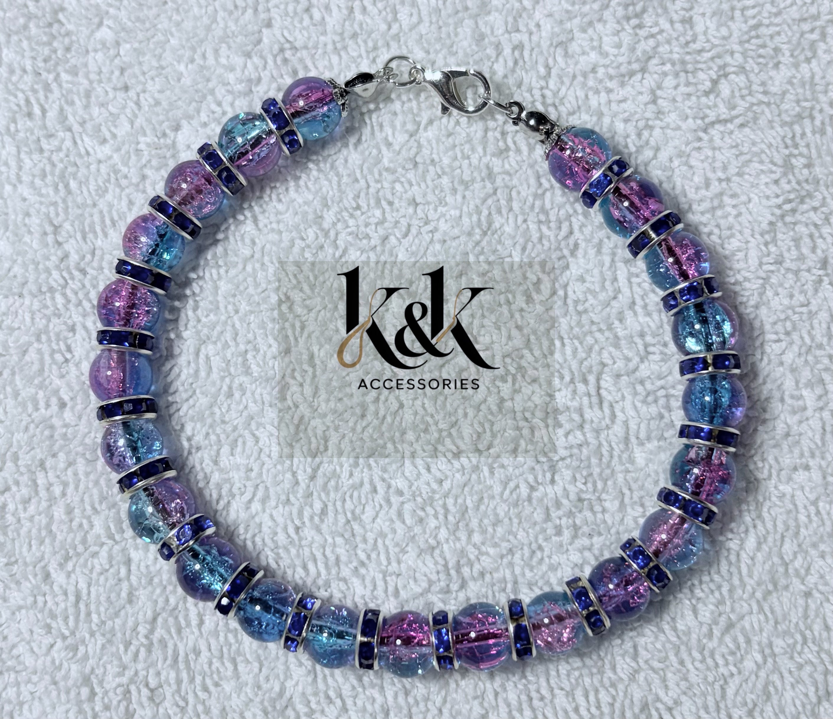 Blue & Purple Crackle Glass Bracelet with Rhinestone Spacers & Clasp - Adjustable Jewellery