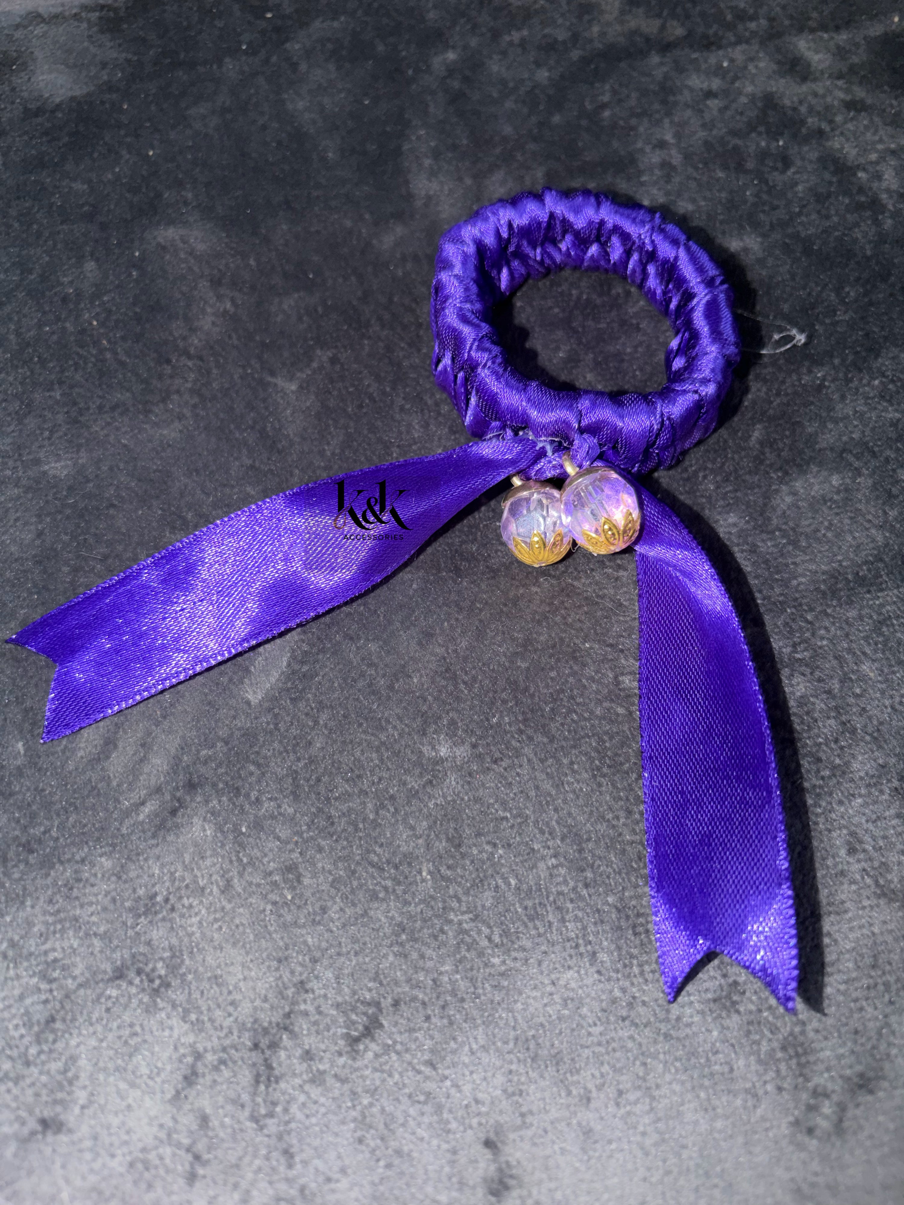 Handmade satin ribbon hairband with beaded detail - Purple