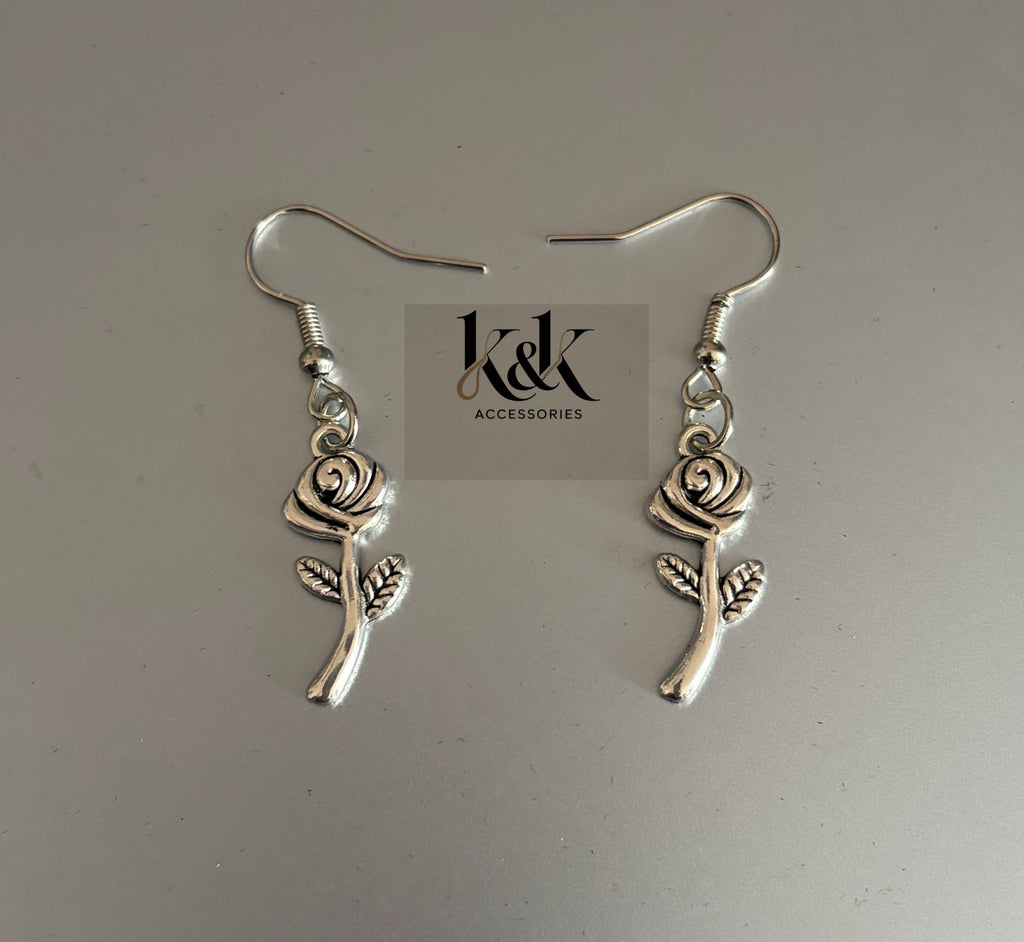 Silver Rose Earrings - Romantic Dangle Earrings with Optional Coral Beads