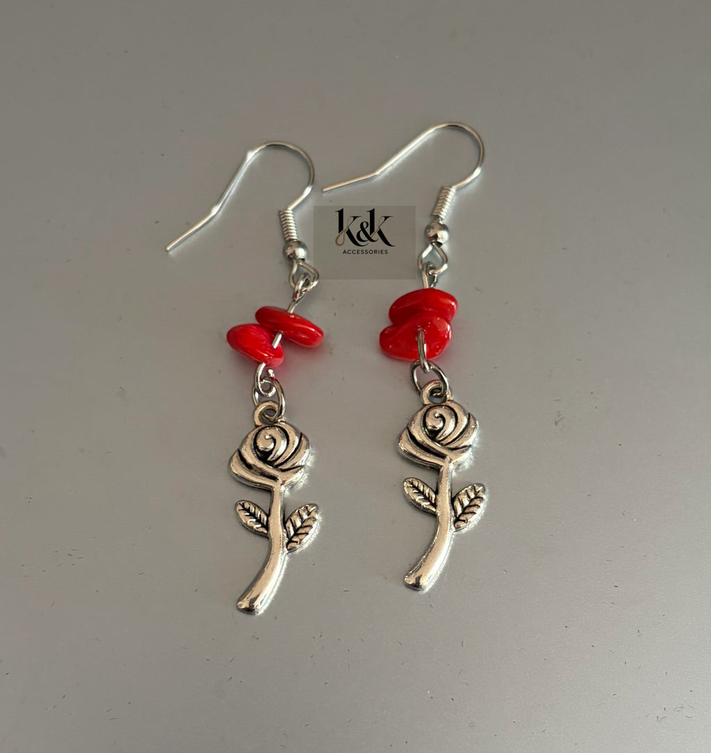 Silver Rose Earrings - Romantic Dangle Earrings with Optional Coral Beads