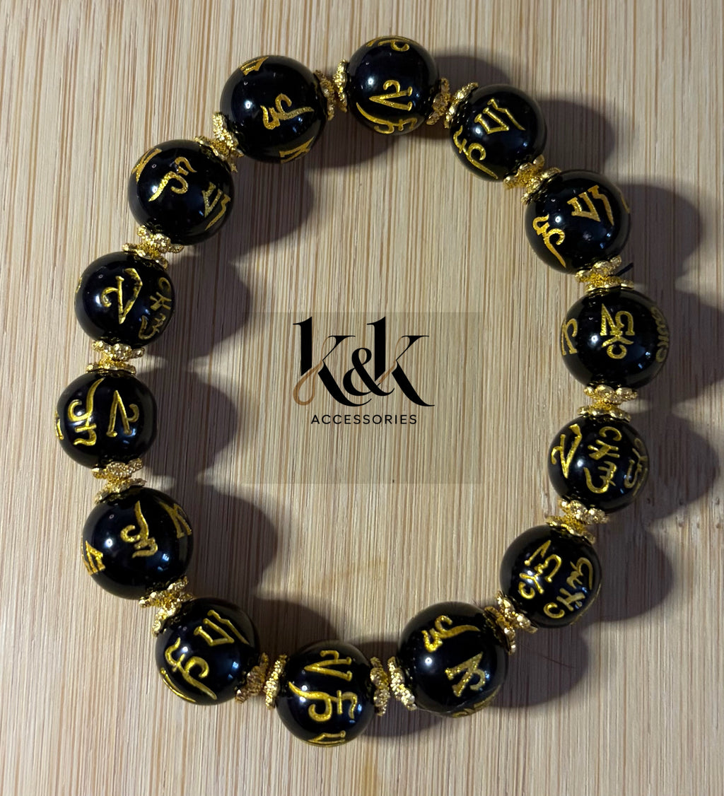 Black & Gold Mantra Bracelet with Buddhist Symbols
