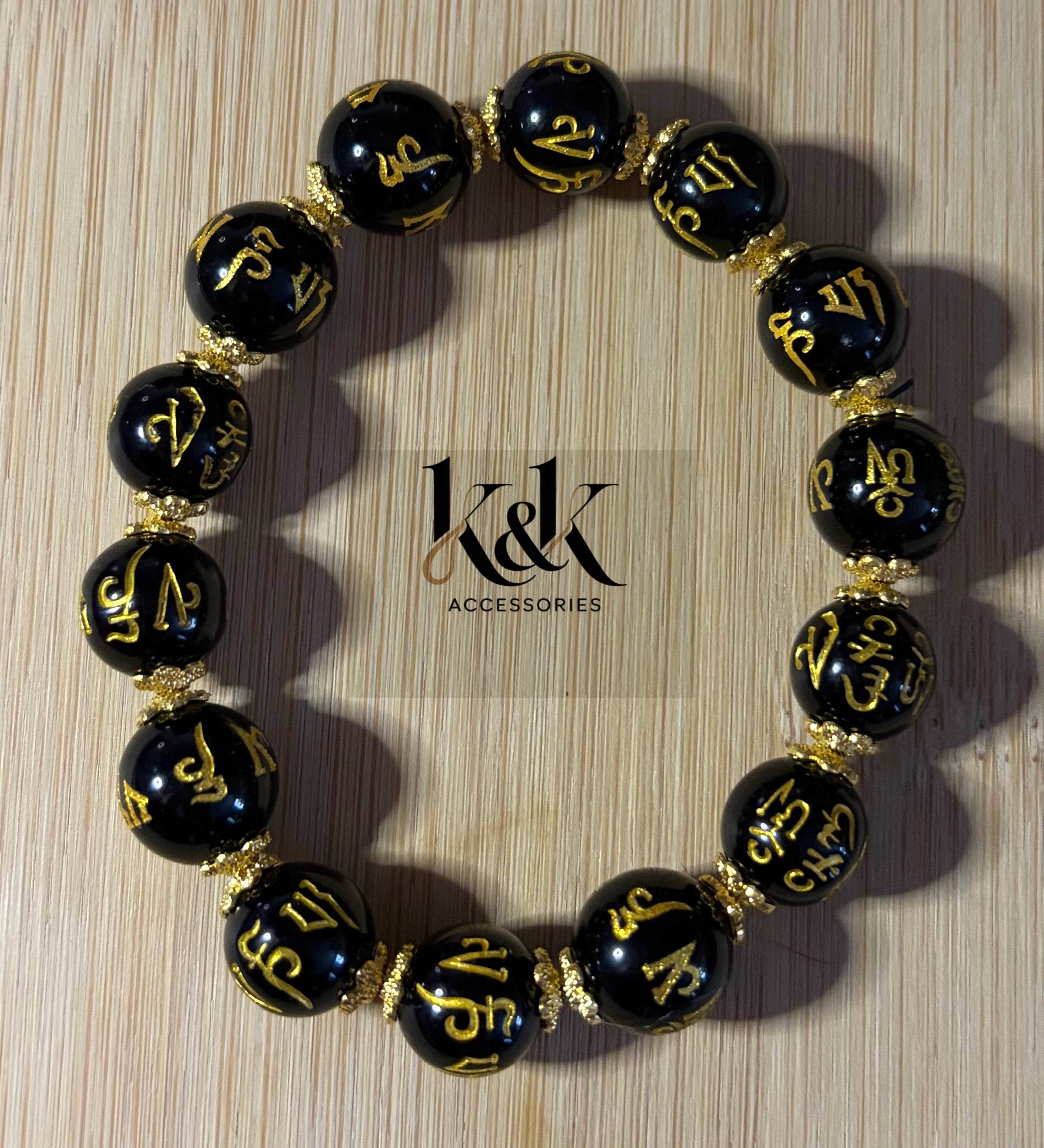 Black & Gold Mantra Bracelet with Buddhist Symbols