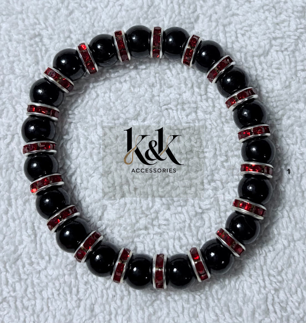 Black Bead Bracelet with Rhinestone Spacers - Elastic Beaded Jewellery