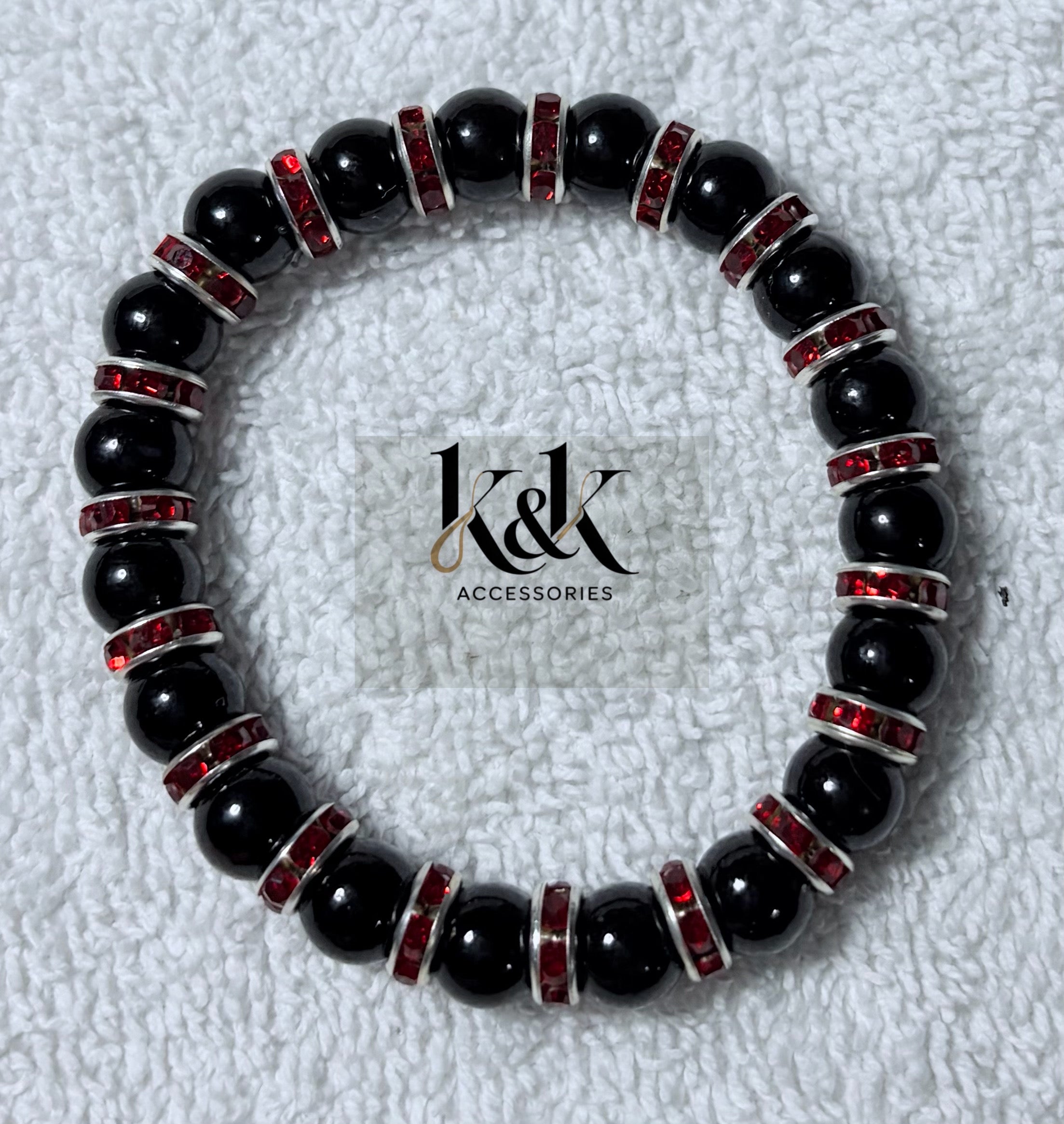 Black Bead Bracelet with Rhinestone Spacers - Elastic Beaded Jewellery