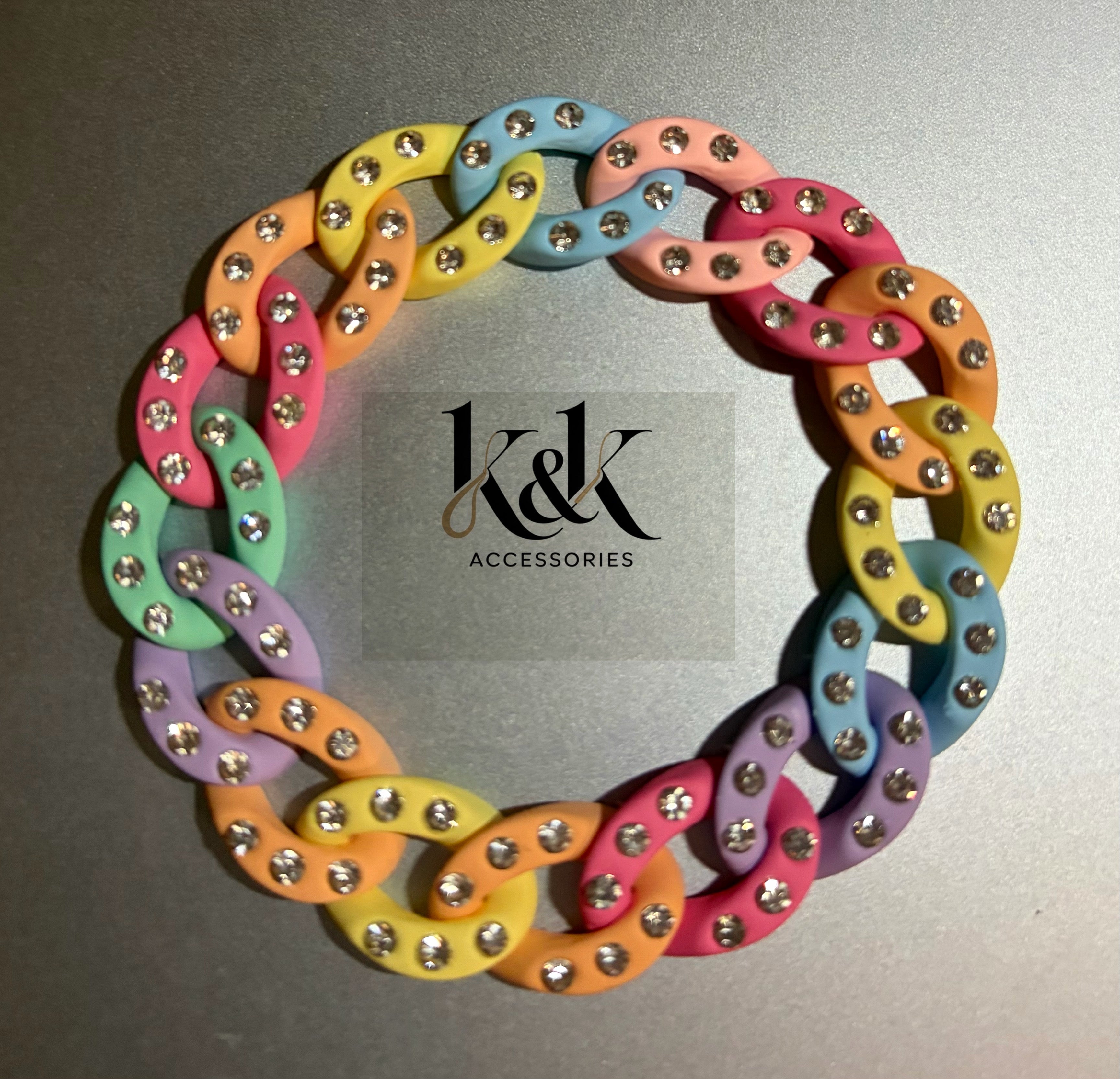 Multicolour Rhinestone Chain Link Bracelet - Adjustable Rainbow Jewellery