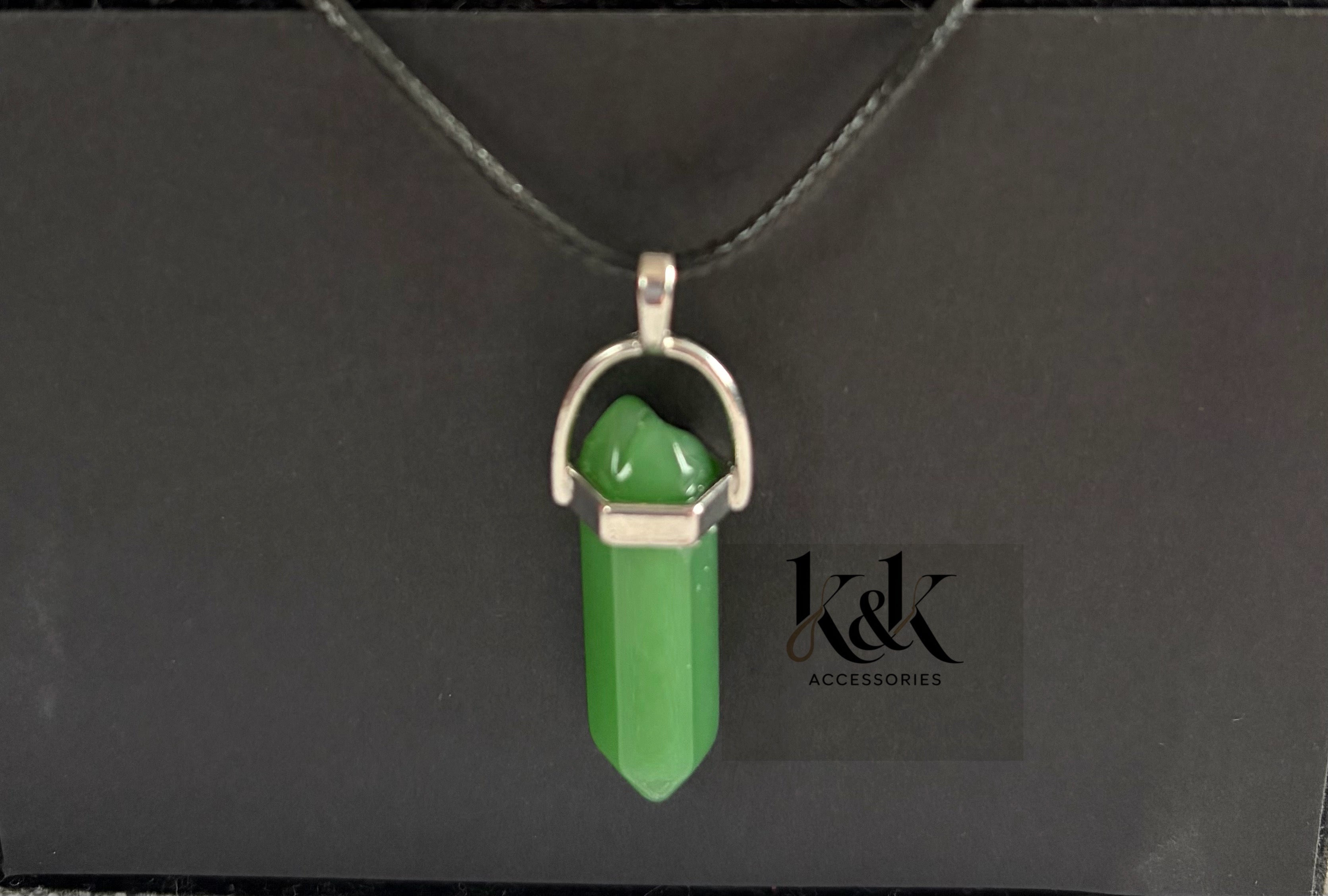 Green Aventurine Crystal Pendant Necklace on Black Cord