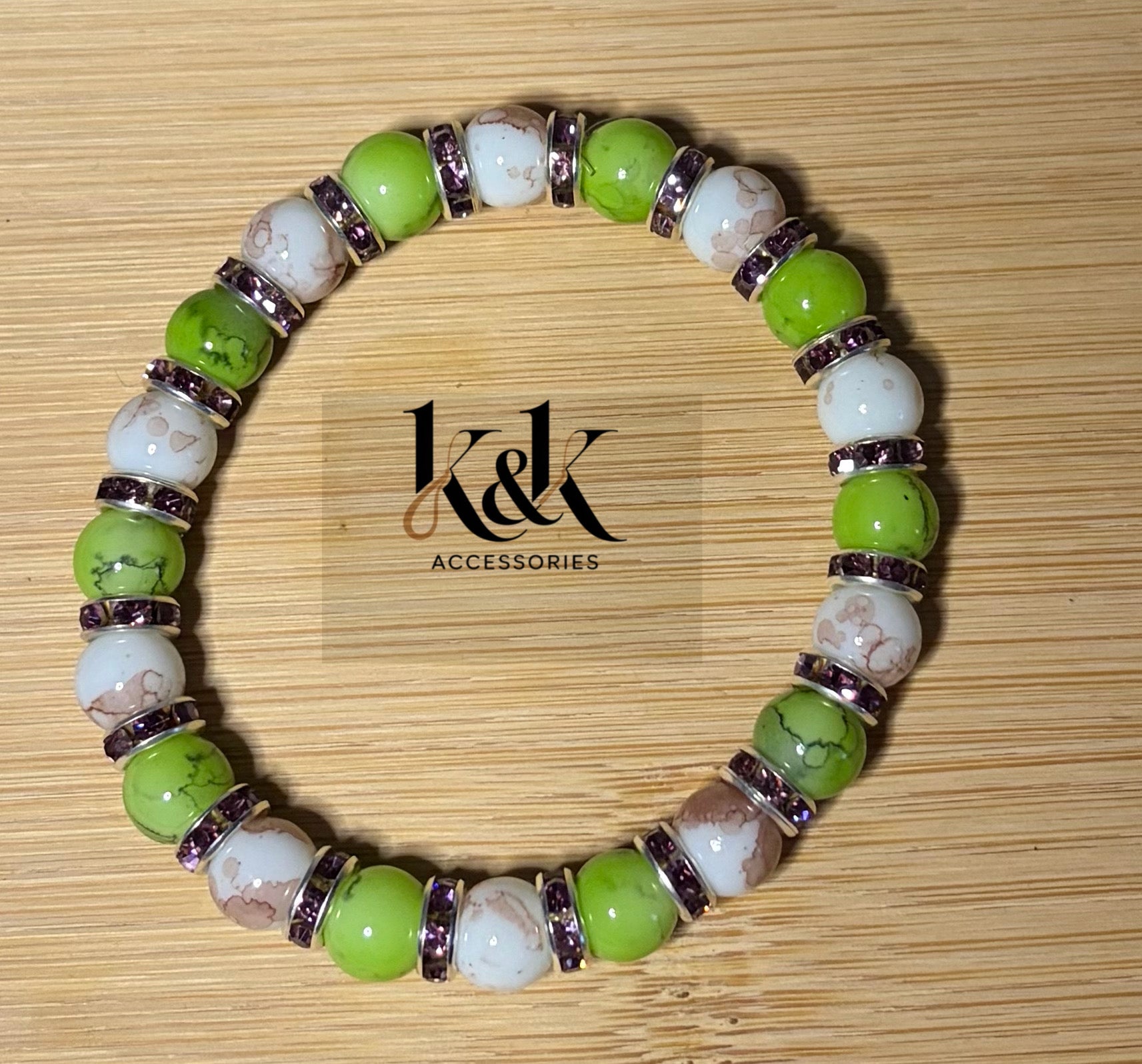 Green & White Marbled Bracelet with Purple Rhinestone Spacers