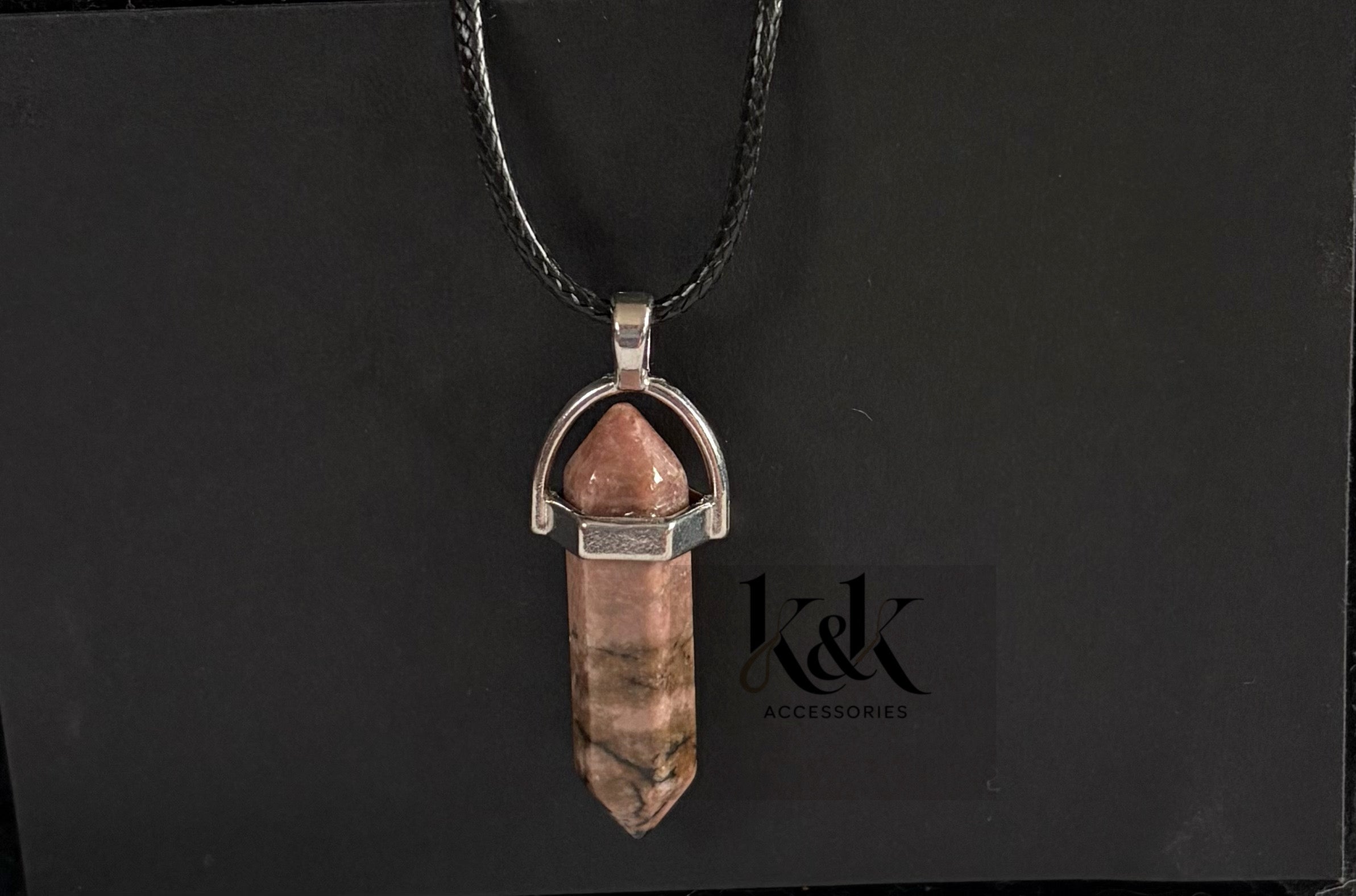 Rhodonite Crystal Pendant Necklace on Black Cord
