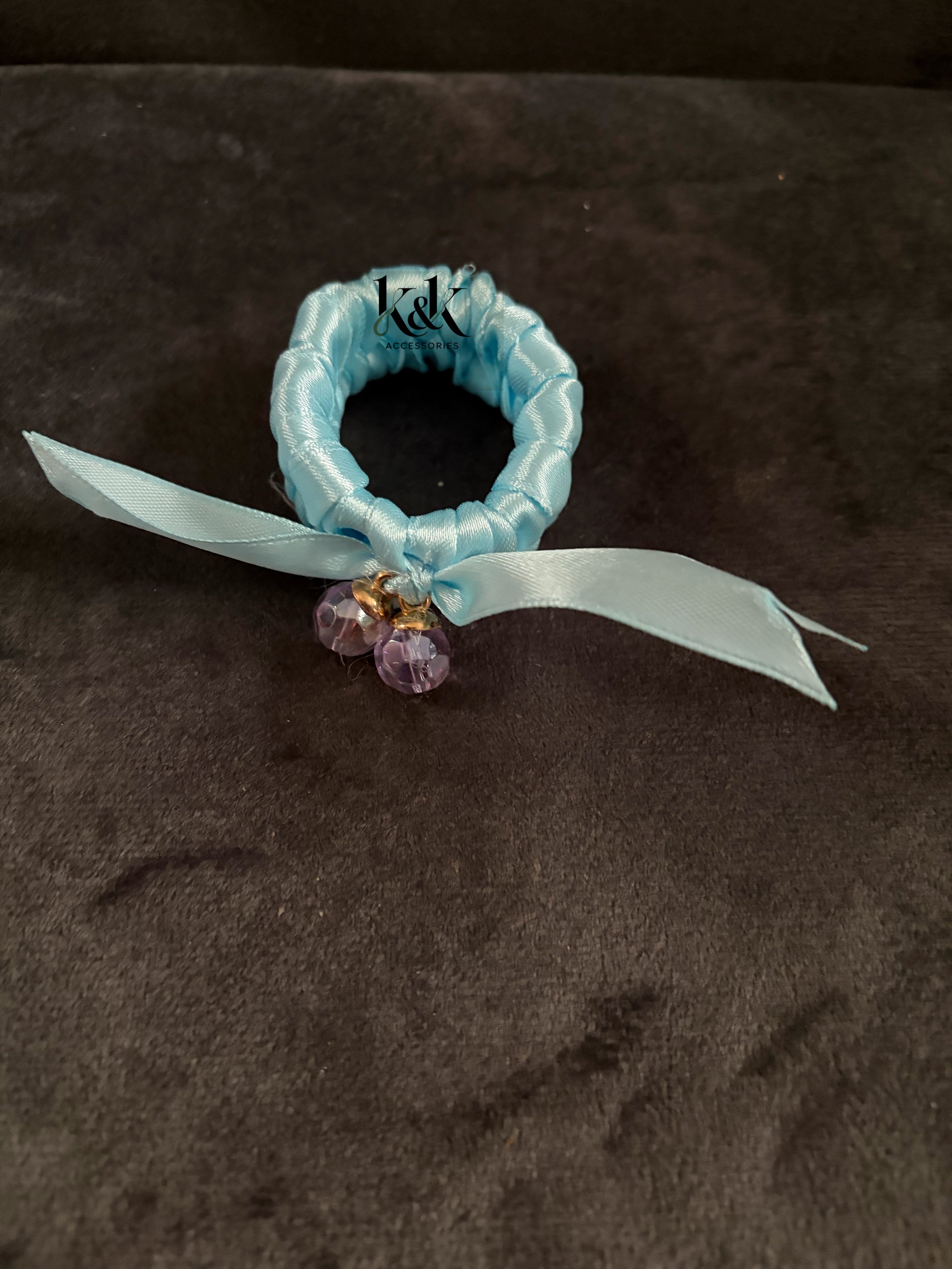 Handmade satin ribbon hairband with beaded detail - Baby Blue
