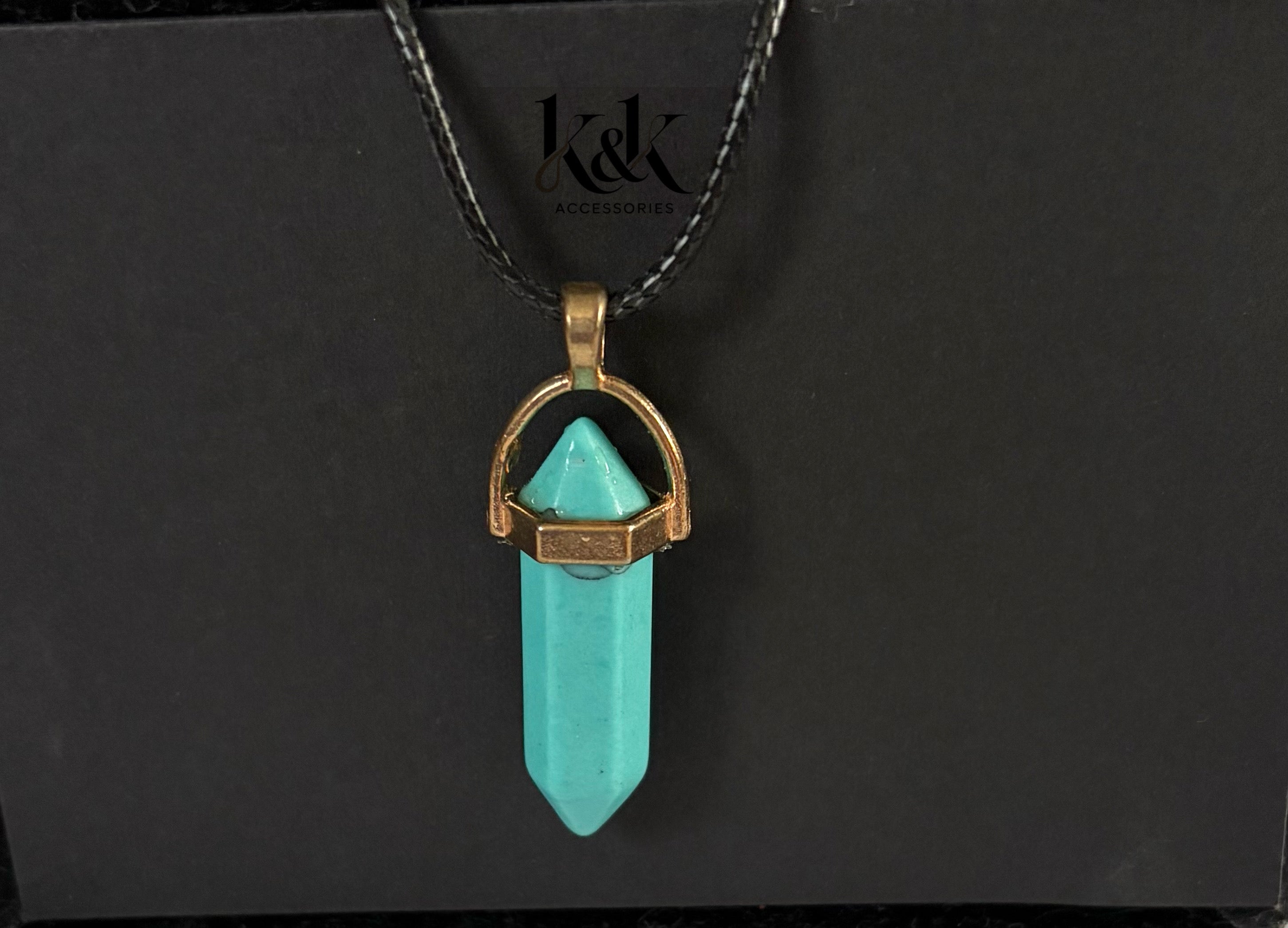 Turquoise Amazonite Crystal Pendant Necklace on Black Cord
