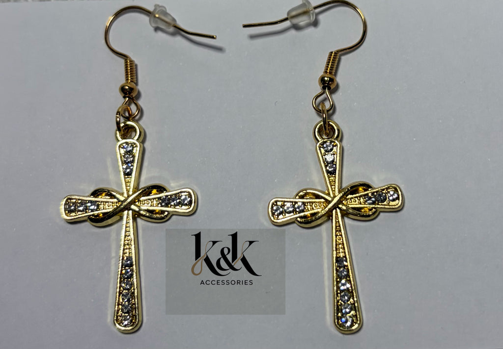Gold Cross Earrings with Crystal Detail