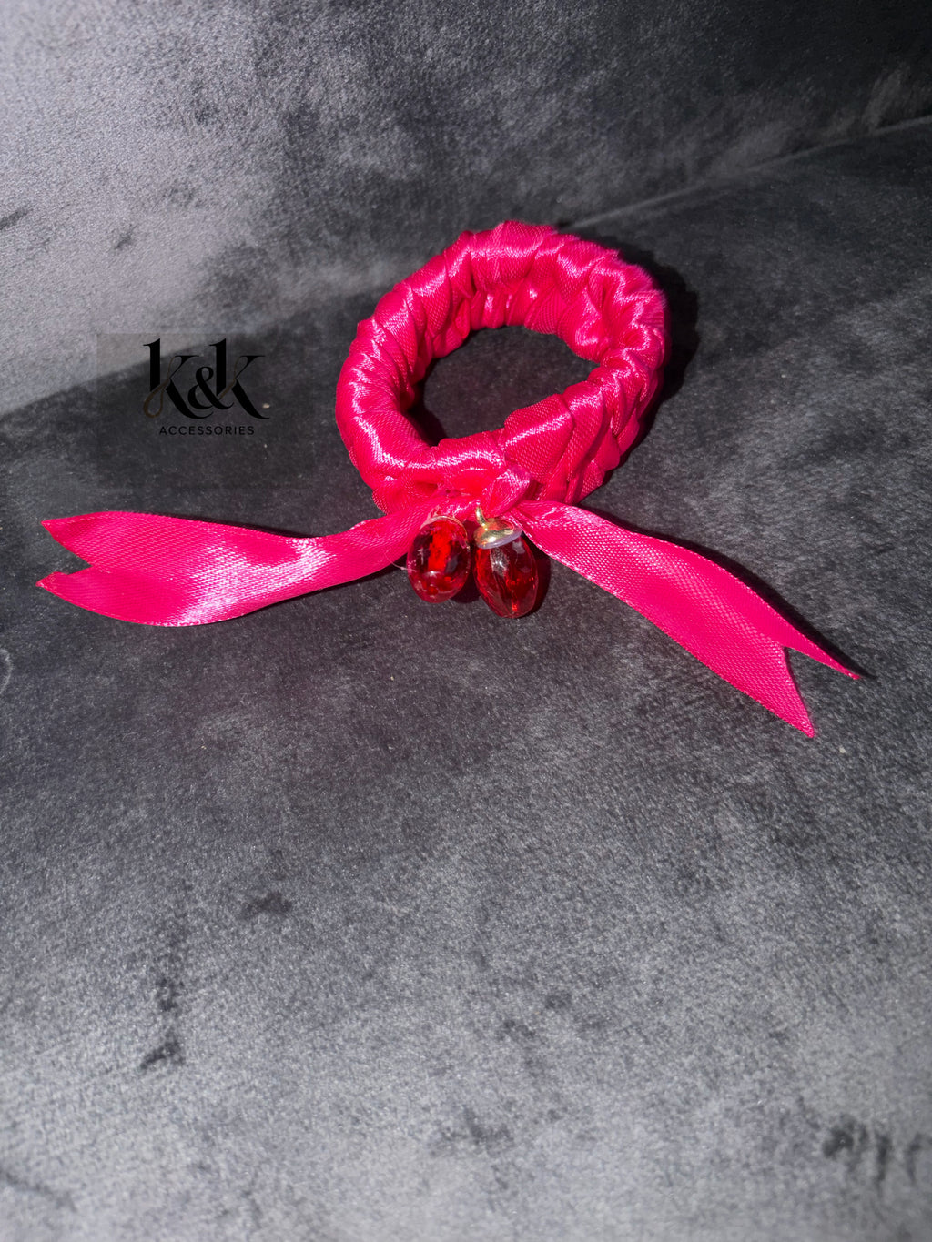 Handmade satin ribbon hairband with beaded detail - Hot Pink