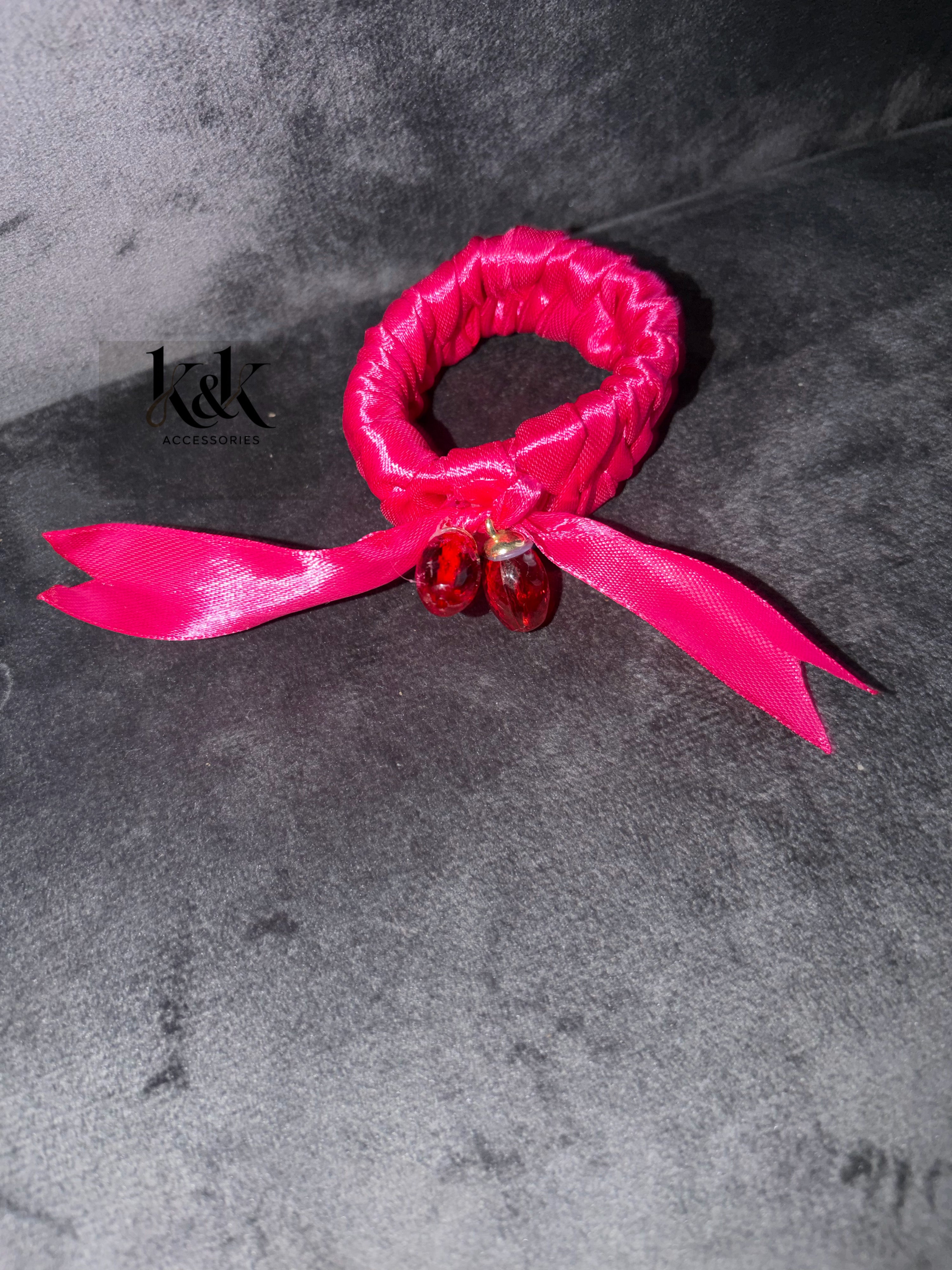 Handmade satin ribbon hairband with beaded detail - Hot Pink