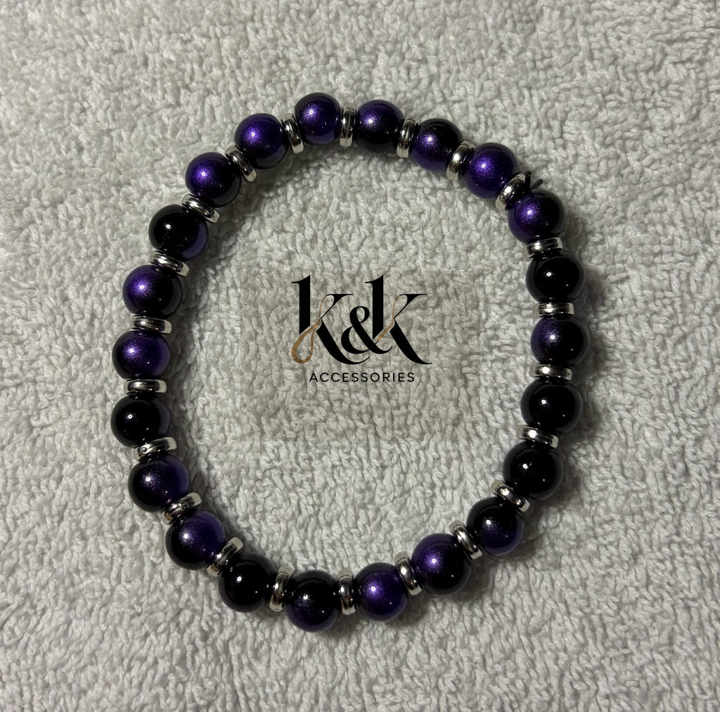 Purple & Black Bracelet with Silver Spacers - Elastic Beaded Jewellery