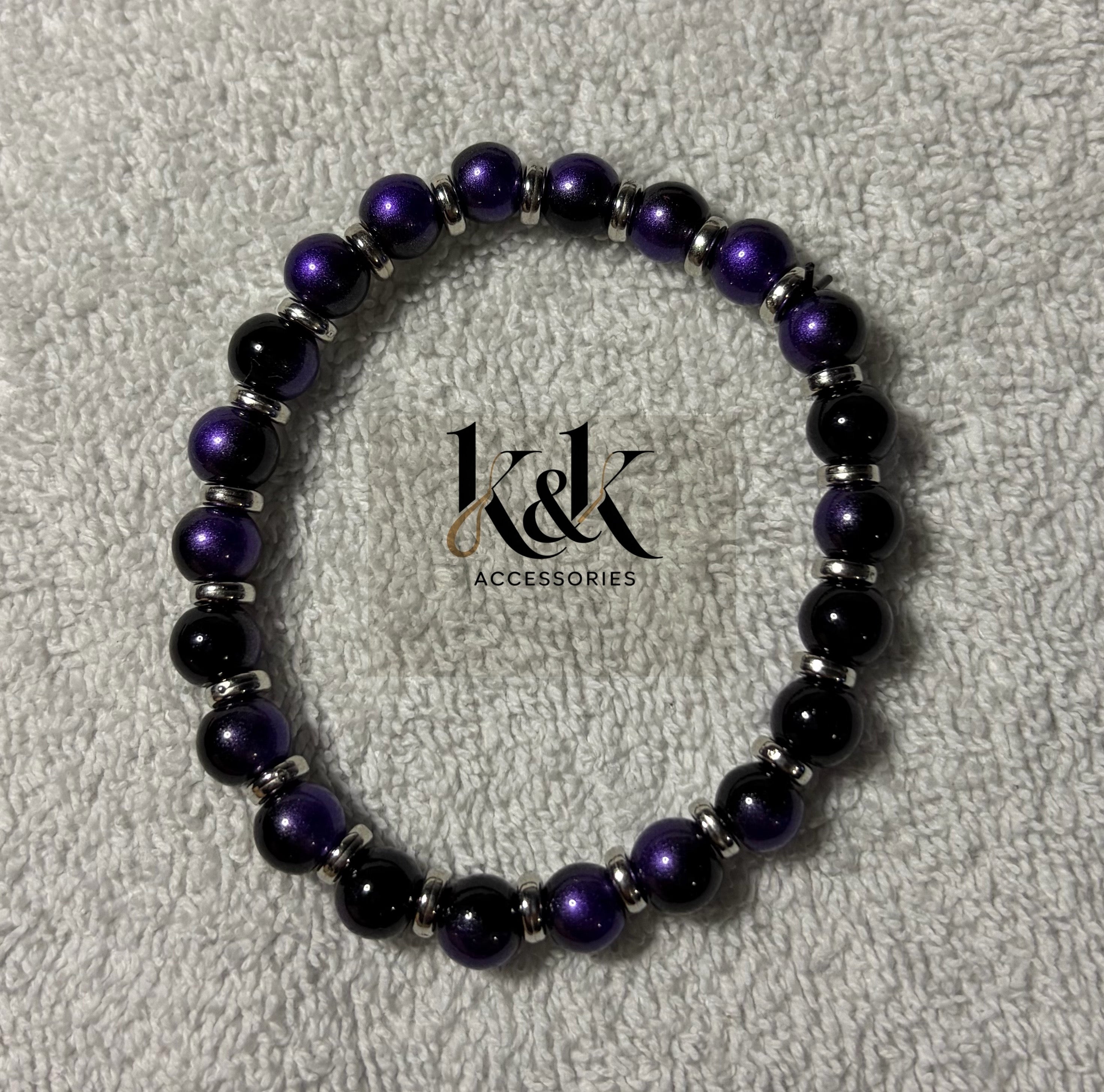 Purple & Black Bracelet with Silver Spacers - Elastic Beaded Jewellery