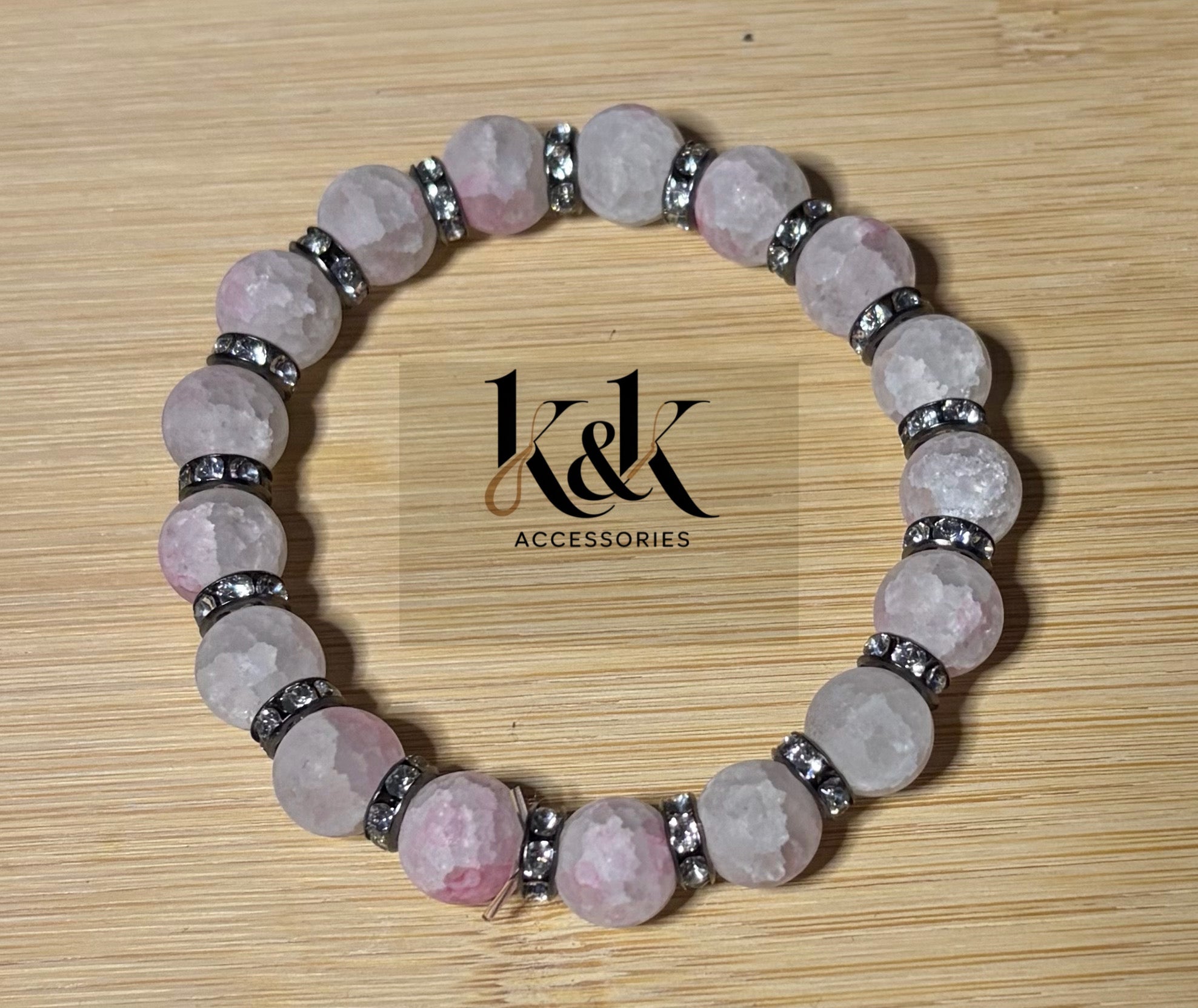 Frosted Pink Faceted Bead Bracelet with Rhinestone Spacers
