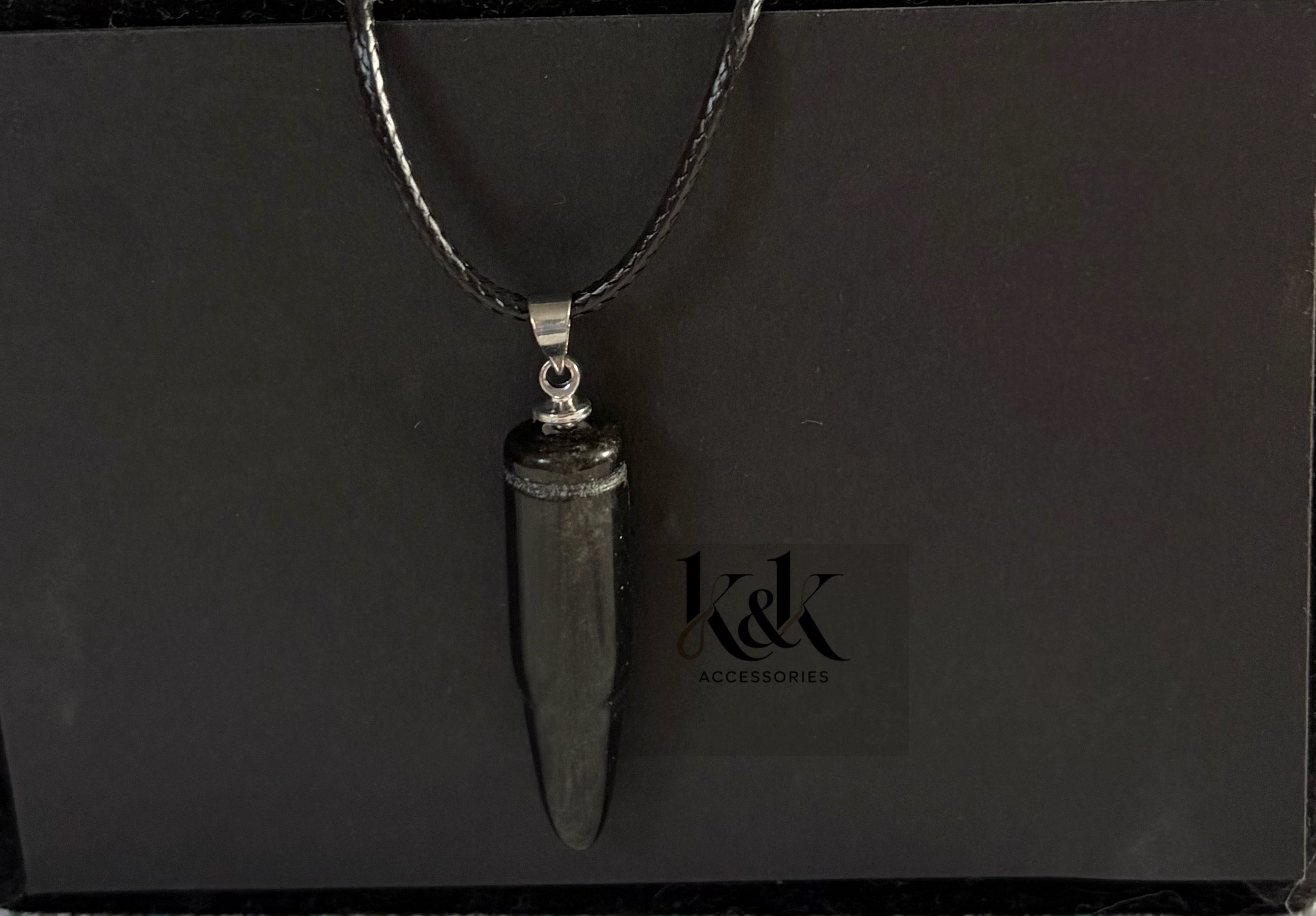 Black Tourmaline Crystal Pendant Necklace on Black Cord