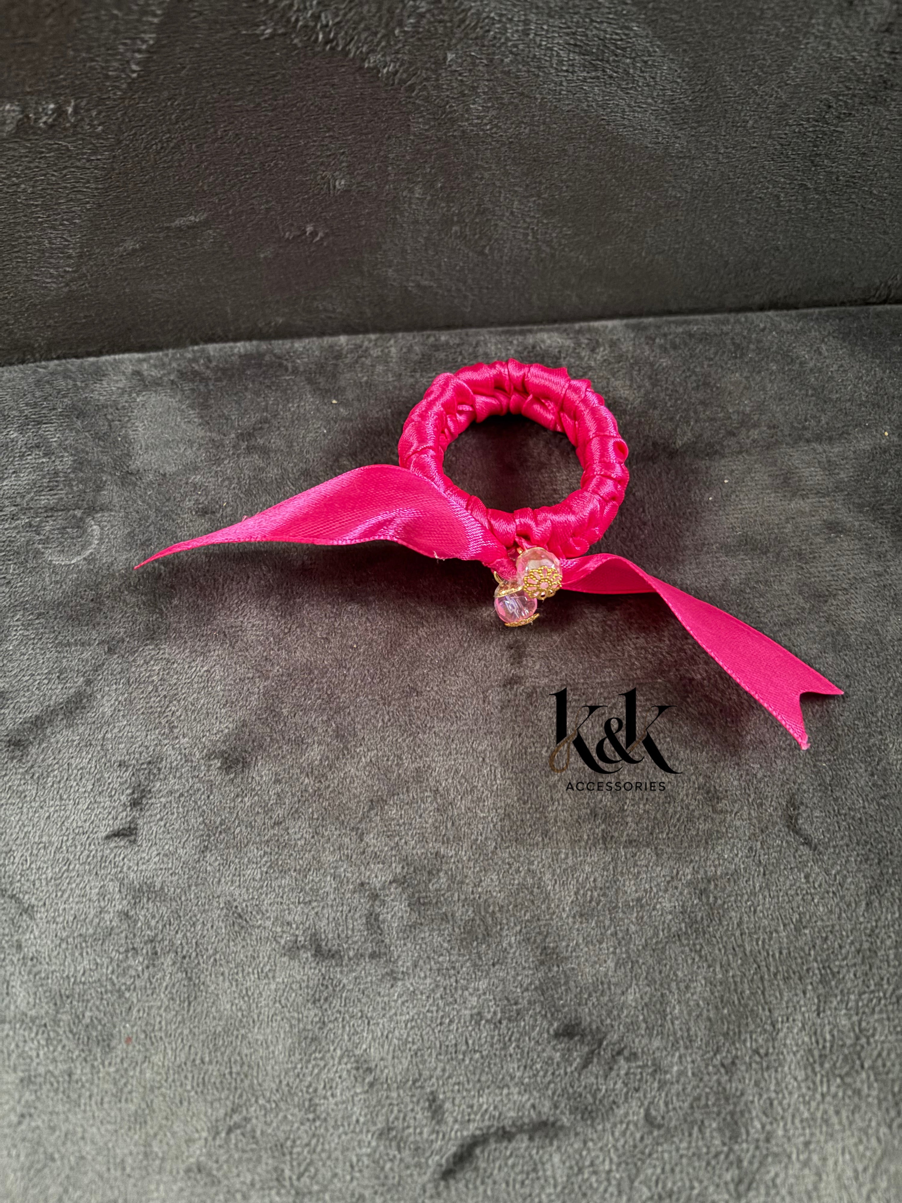 Handmade satin ribbon hairband with beaded detail - Hot Pink
