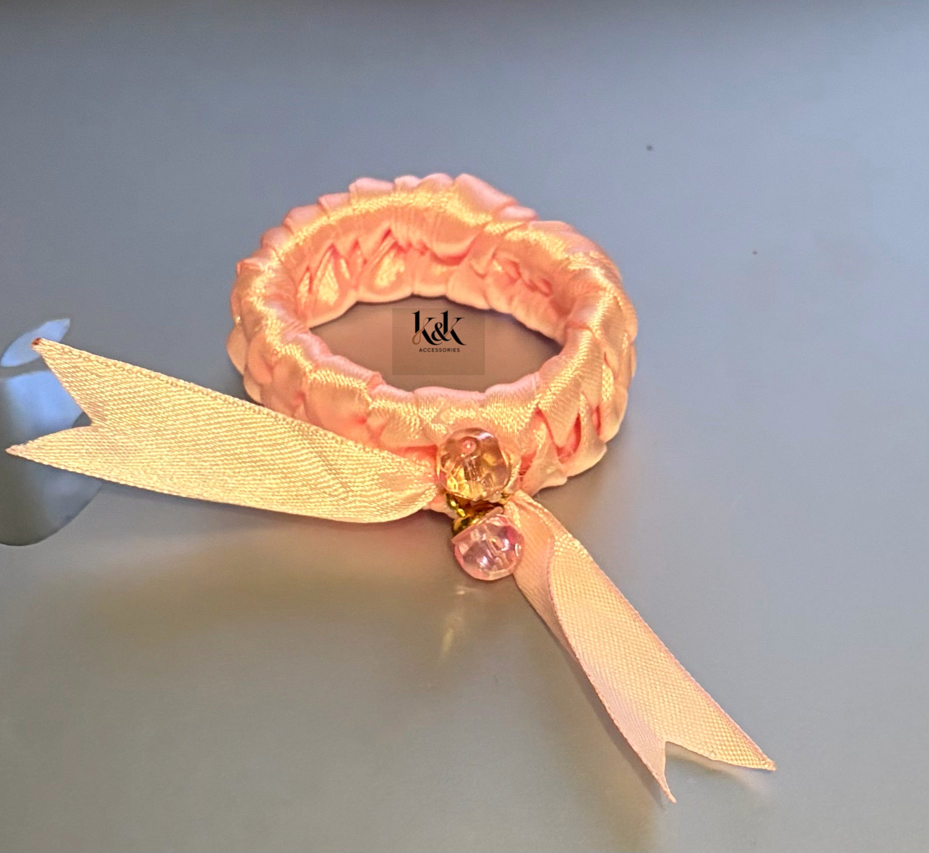 Handmade satin ribbon hairband with beaded detail - Light Pink