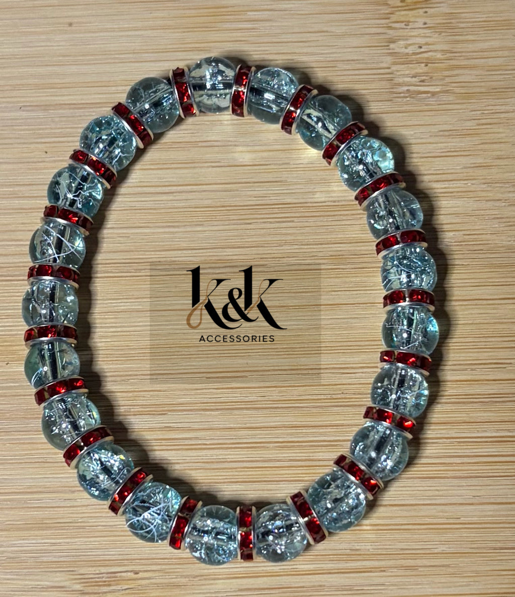 Clear Crackle Glass Bracelet with Red Rhinestone Spacers