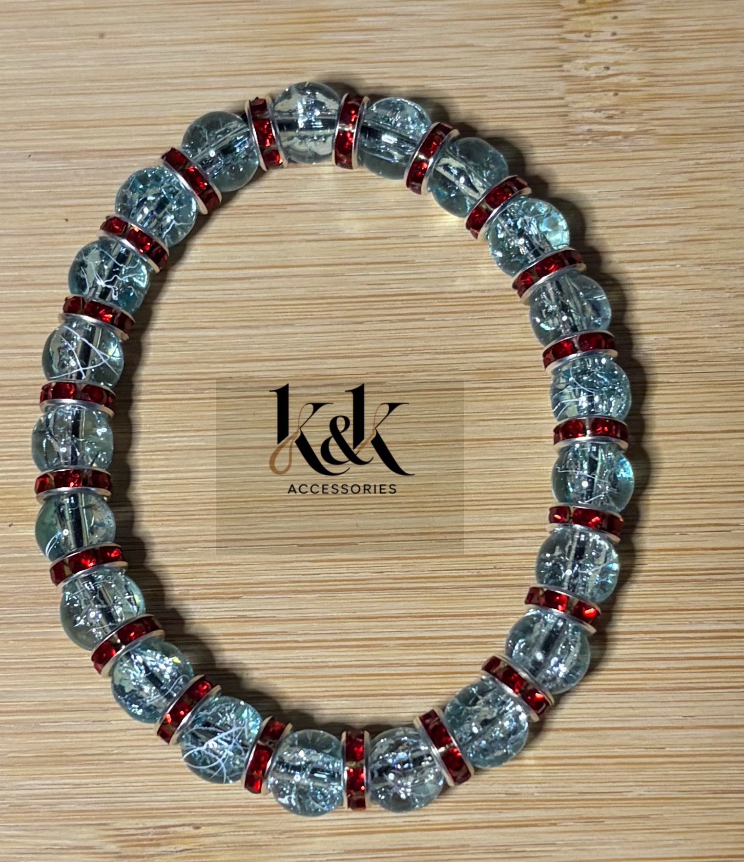Clear Crackle Glass Bracelet with Red Rhinestone Spacers