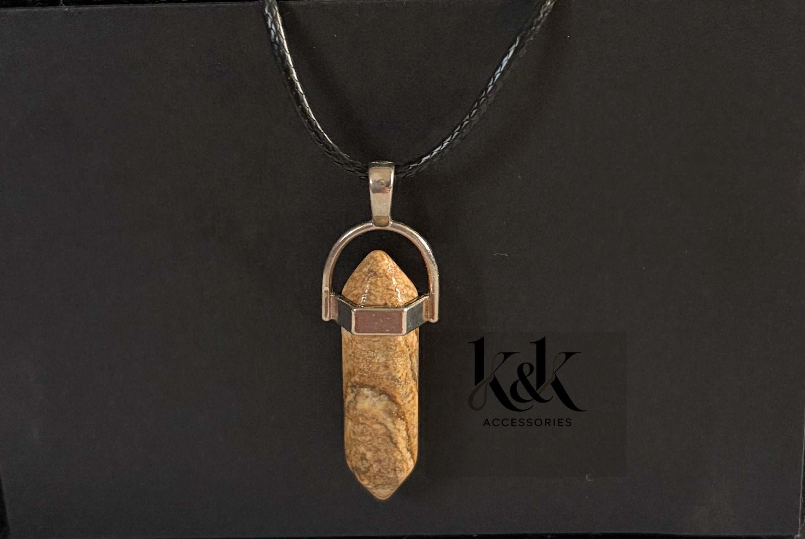 Picture Jasper Crystal Pendant Necklace on Black Cord