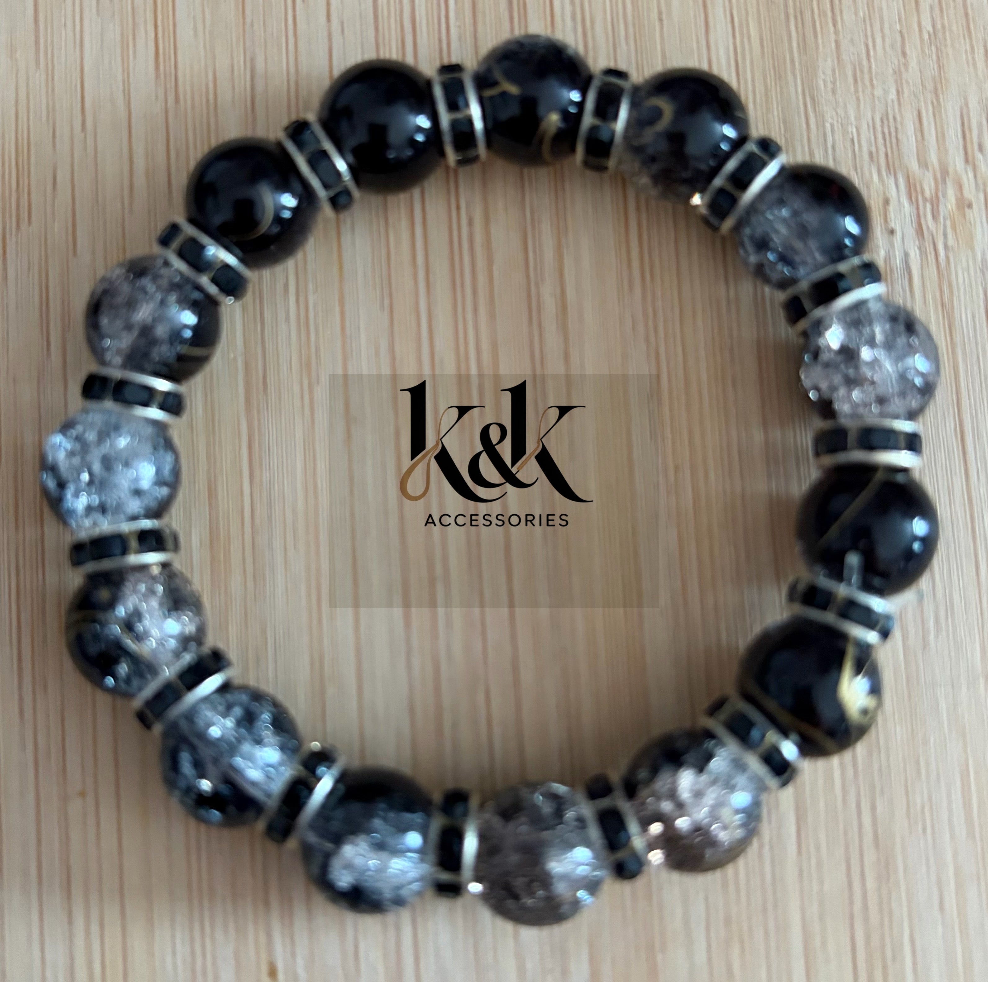 Black & Clear Crackle Glass Bracelet with Rhinestone Spacers