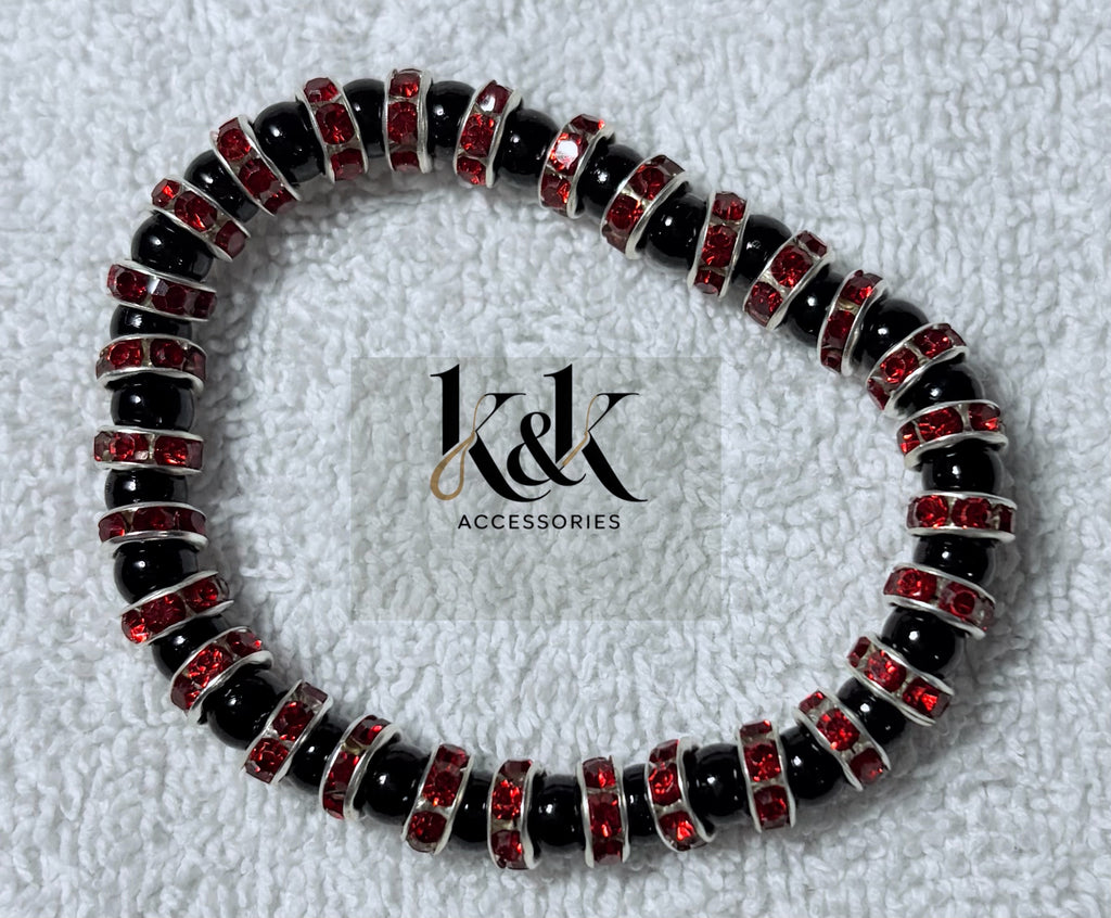 Black Bead Bracelet with Rhinestone Spacers - Elastic Beaded Jewellery