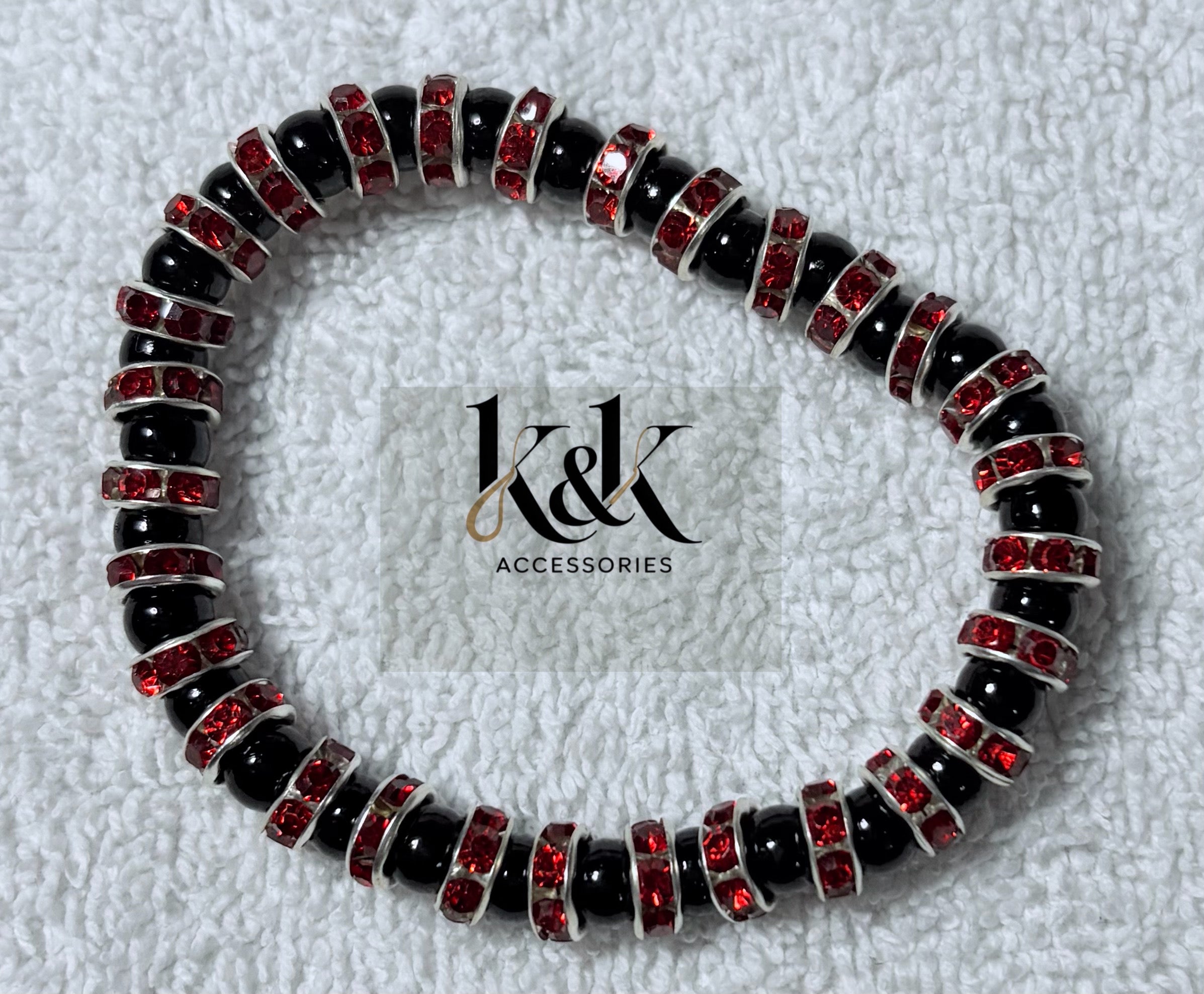 Black Bead Bracelet with Rhinestone Spacers - Elastic Beaded Jewellery
