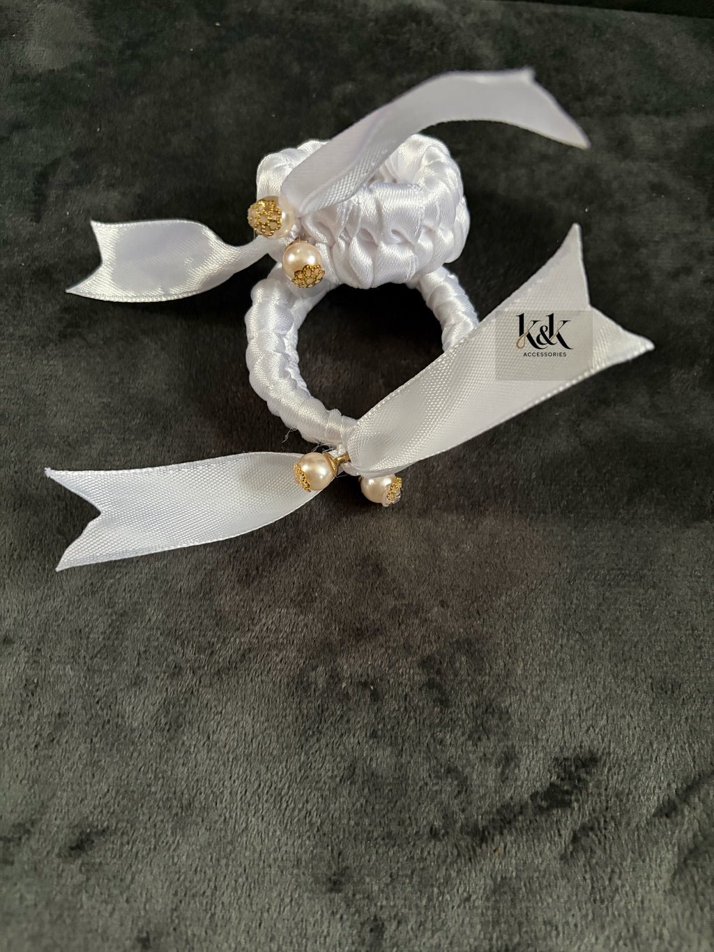Handmade satin ribbon hairband with pearl beaded detail - White