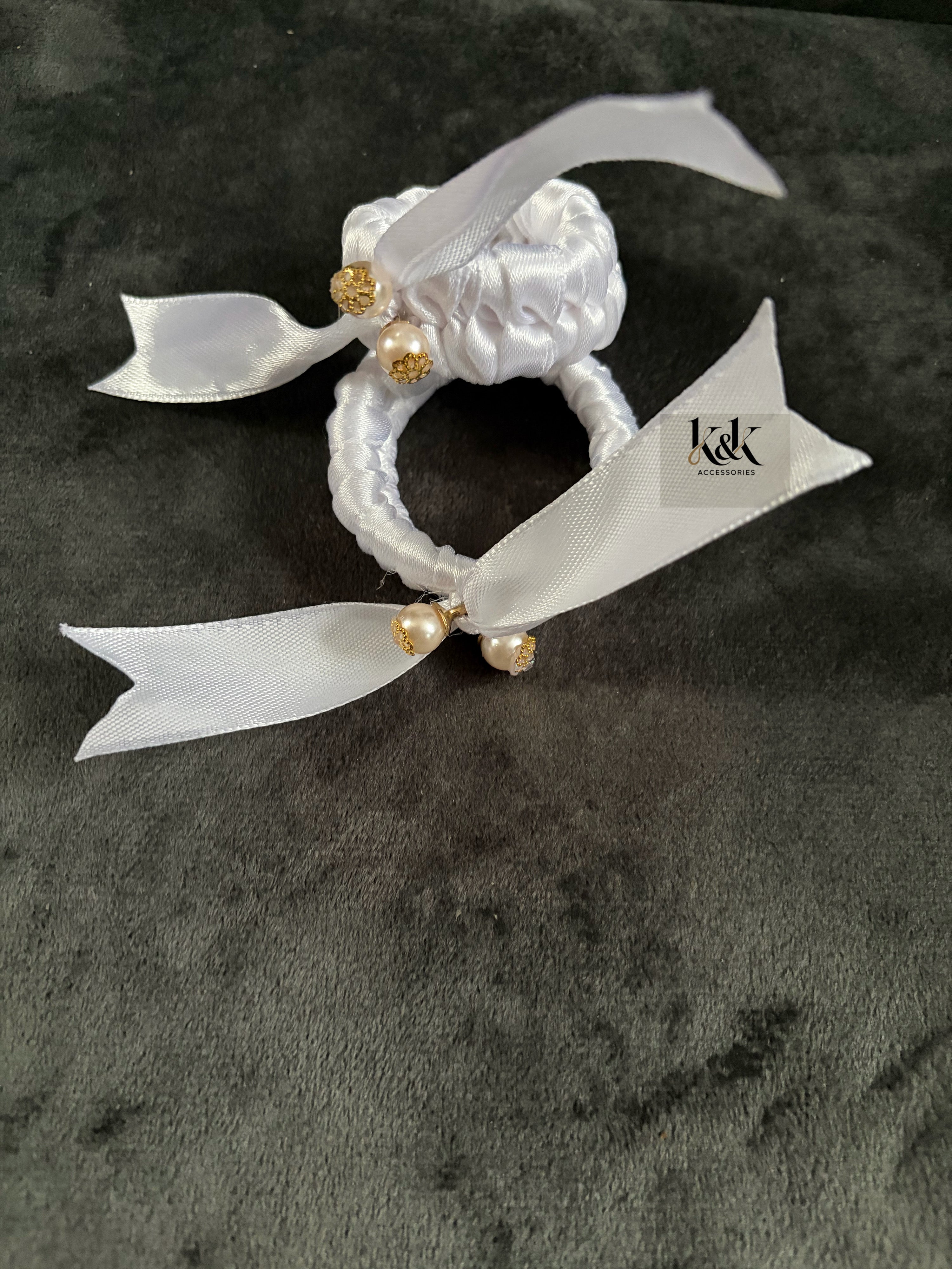 Handmade satin ribbon hairband with pearl beaded detail - White