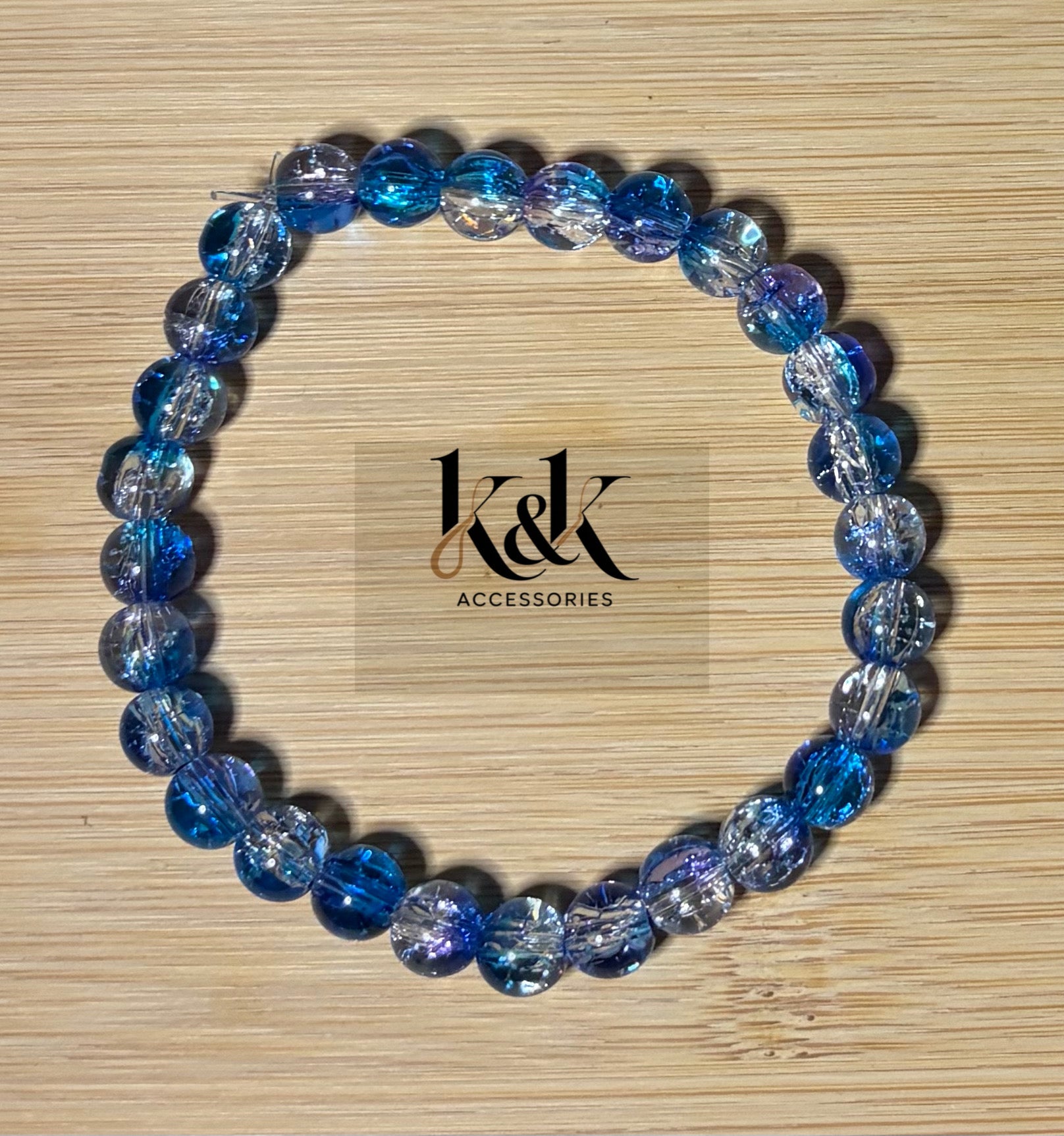 Blue, Purple & Clear Crackle Glass Bracelet