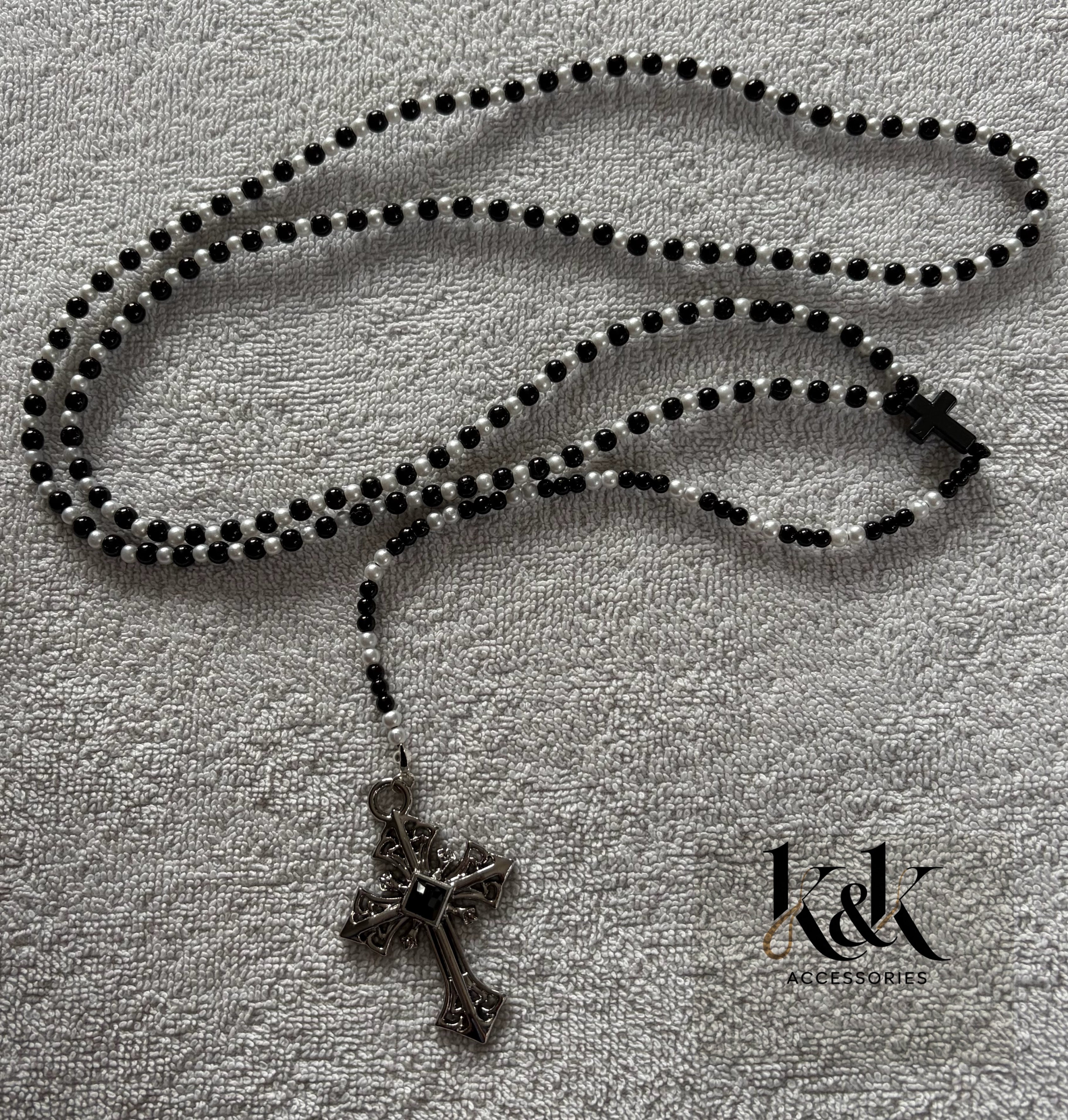 Black & White Rosary Beads with Cross Pendant