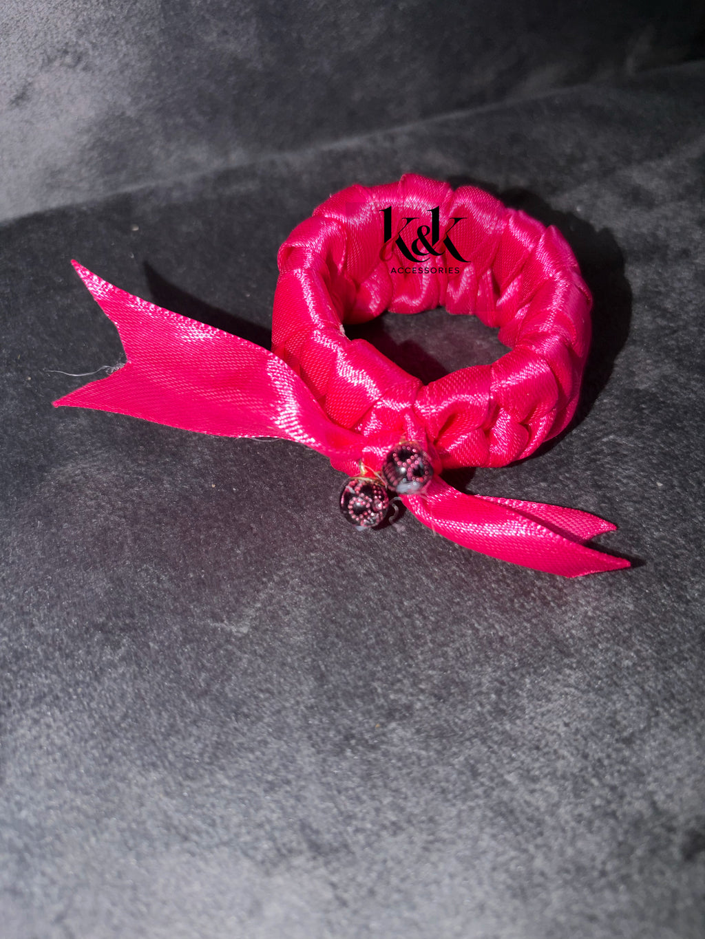 Handmade satin ribbon hairband with beaded detail - Hot Pink